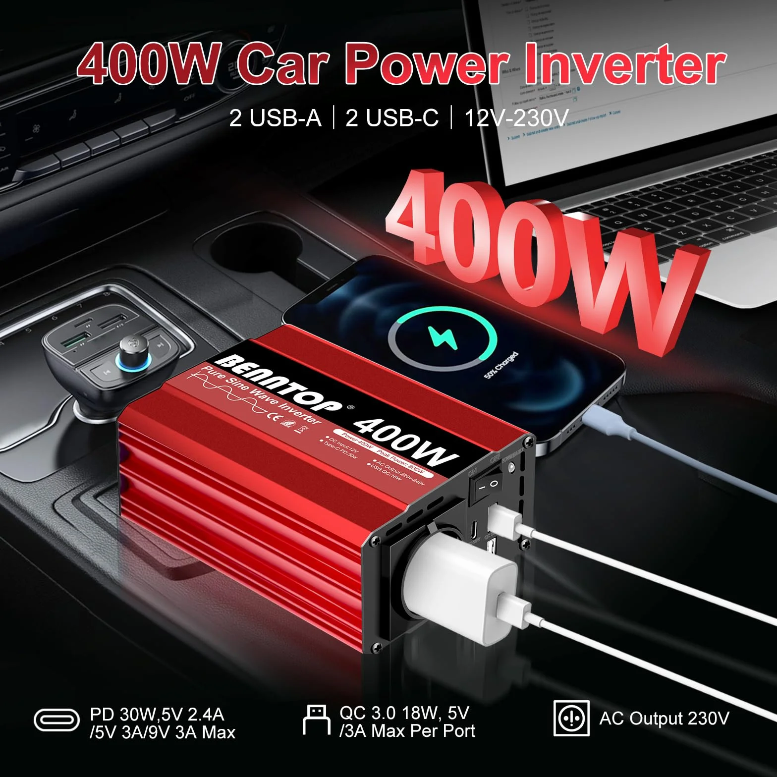 Konwerter 12V 230V 400W/800W Pure Sinus Falownik Samochodowy z 4 Portami USB