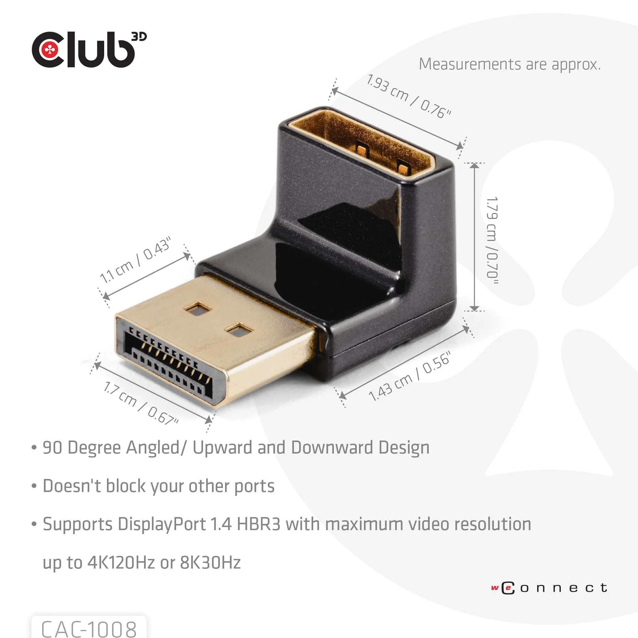 Club3D CAC-1008 DisplayPort 1.4 adapter 90 stopni kątowy 4K120Hz M/F