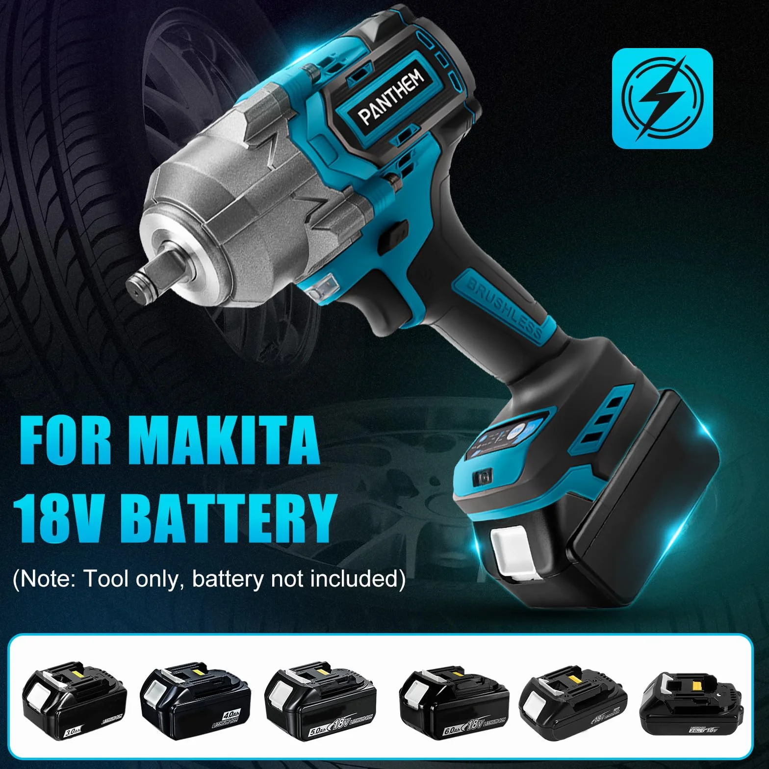 Akumulatorowa wkrętarka udarowa kompatybilna z wkrętarką udarową Makita 18 V 1200 Nm, 1/2", bezszczotkowy klucz płaski z adapterem klucza nasadowego (bez baterii)