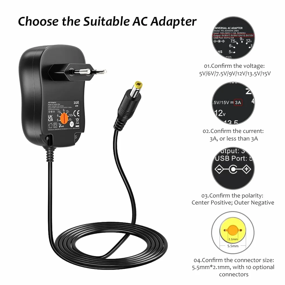 Zolt 45W Uniwersalny Zasilacz AC DC 5V-15V 3A z USB 5V 2.4A 10 Wtyczek DC