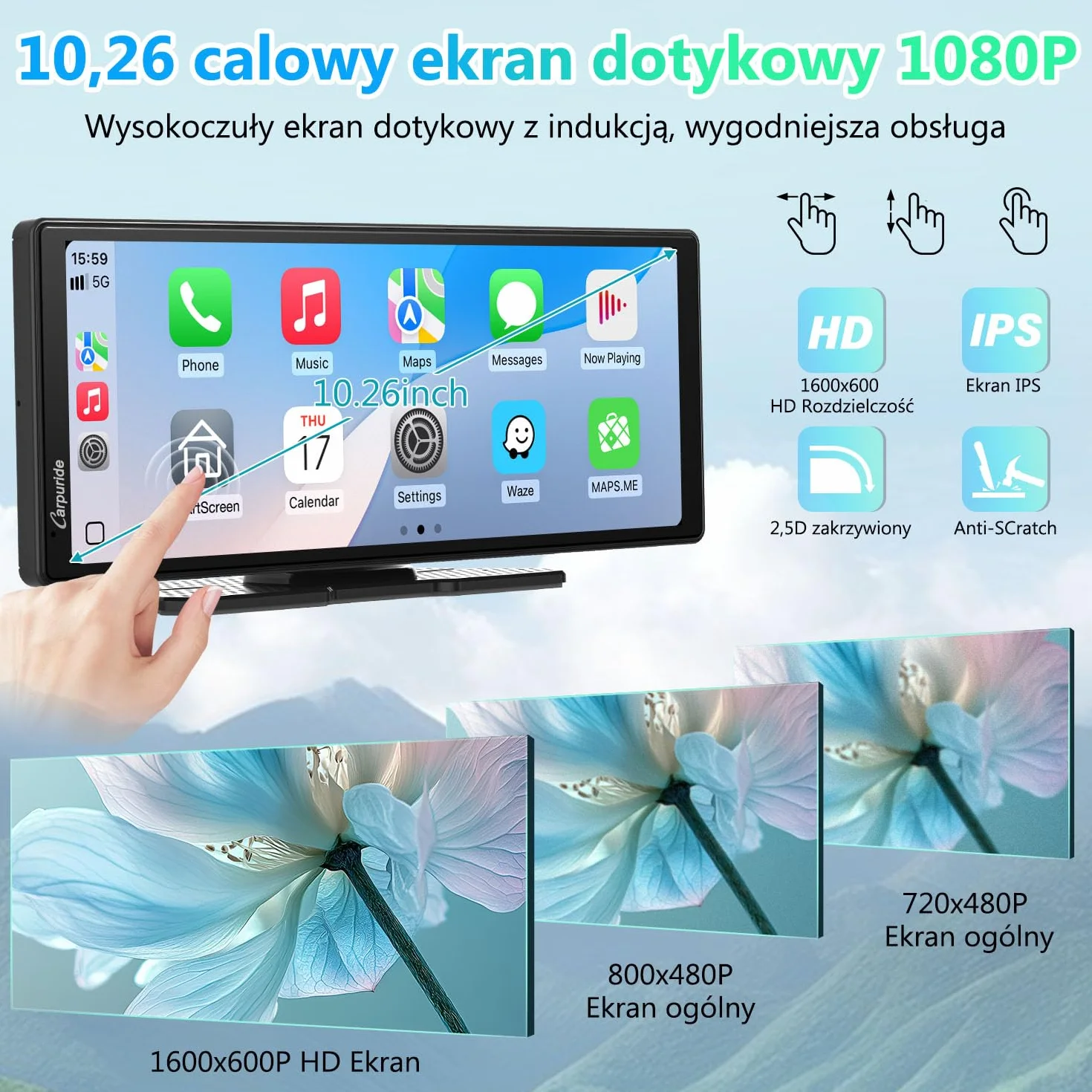 Carpuride V92R Przenośny Ekran Carplay 10,26-calowy HD 1080P Bezprzewodowy Android Auto z Kamerą Cofania 720P