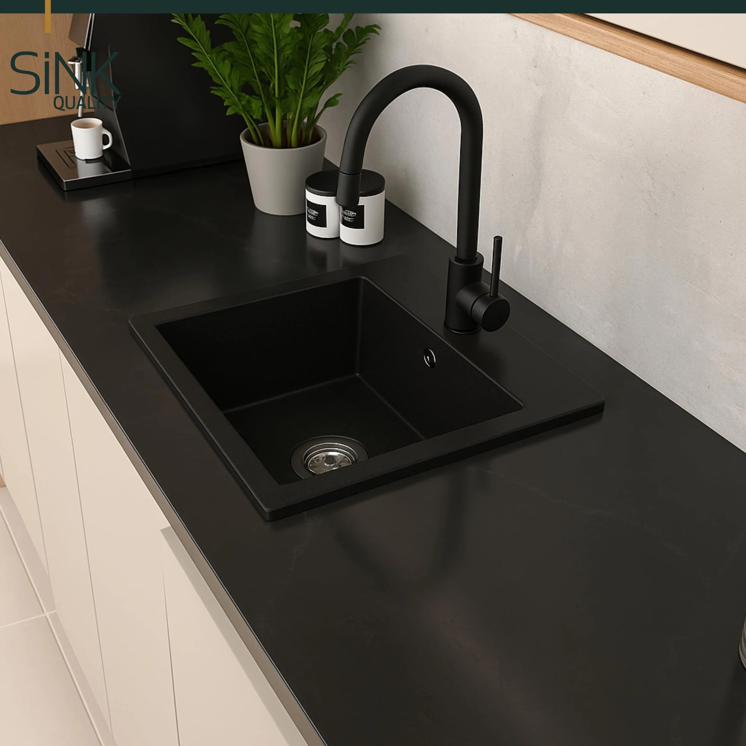 SINK Quality zlewozmywak czarny 45 × 42 cm – zlewozmywak z syfonem i impregnacją – umywalka do szafki pod umywalkę od 45 cm – zlewozmywak granitowy 1 umywalka – czarny zlew bez ociekacza
