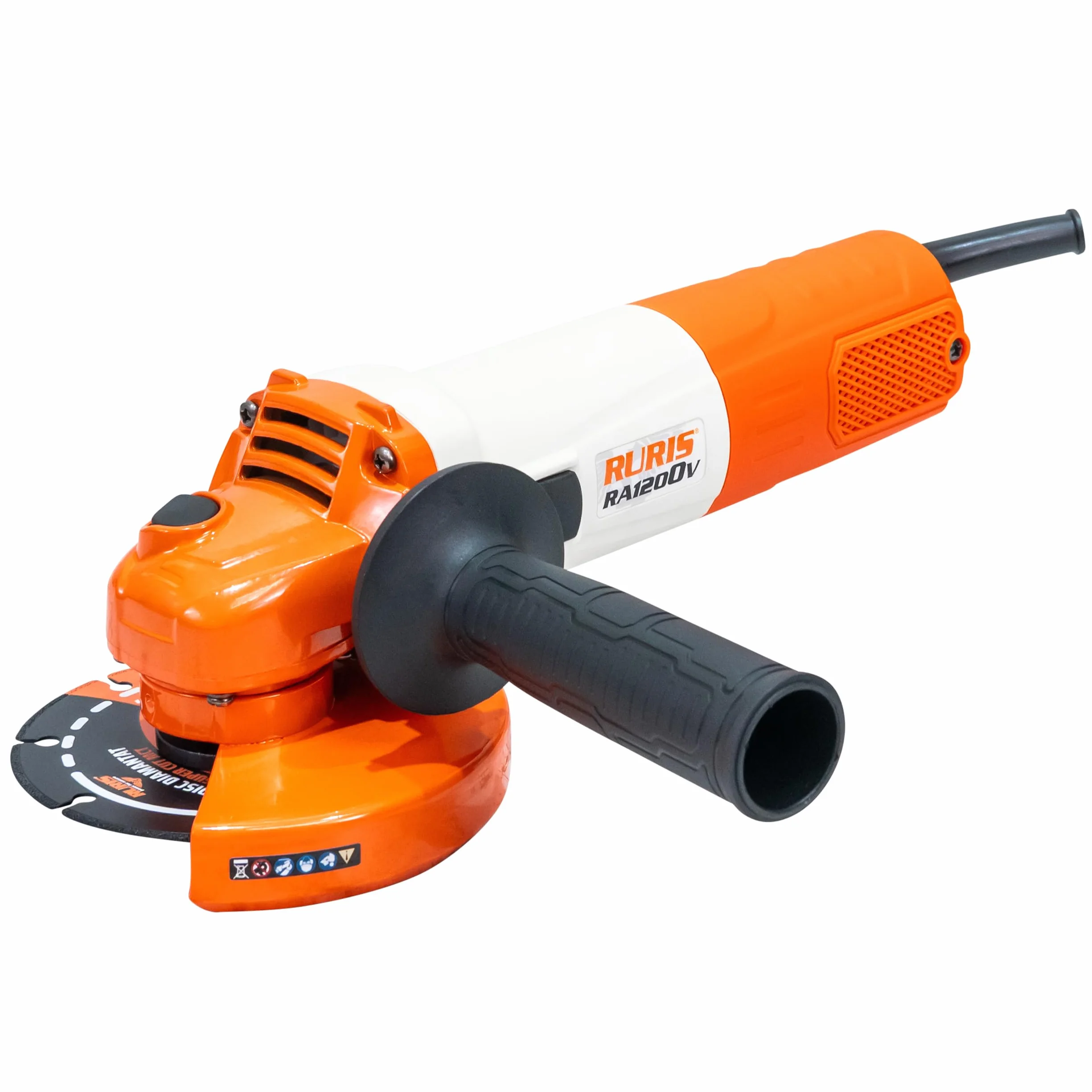 RURIS RA1200V elektryczna szlifierka kątowa 1200 W, tarcza 125 mm, zmienna prędkość, 3000-11000 obr./min, system Power Off, uniwersalne narzędzie do cięcia i szlifowania metalu, betonu, kamienia