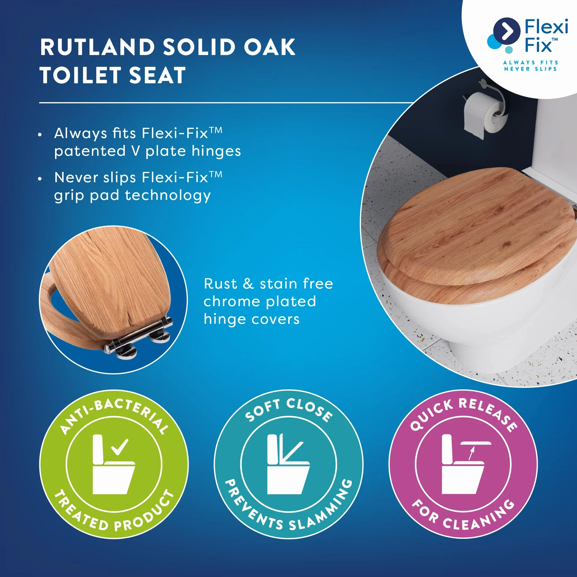 Croydex Rutland Flexi-Fix Drewniana deska sedesowa z opatentowanymi regulowanymi zawiasami w kształcie litery V, szybkie zwalnianie, antybakteryjna, odporna na rdzę i plamy, chromowane pokrowce na