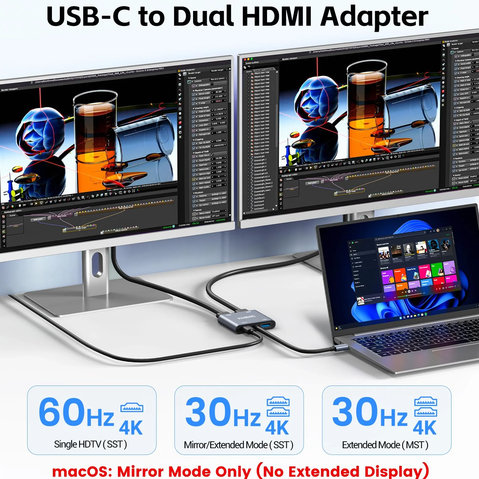 KiWiBiRD USB C na Dual HDMI Hub, Type C na HDMI Splitter do 2 monitorów rozszerzony wyświetlacz 4K PD 100W 2160p 1440p 1080p HDCP, kompatybilny z laptop PC TV projektor