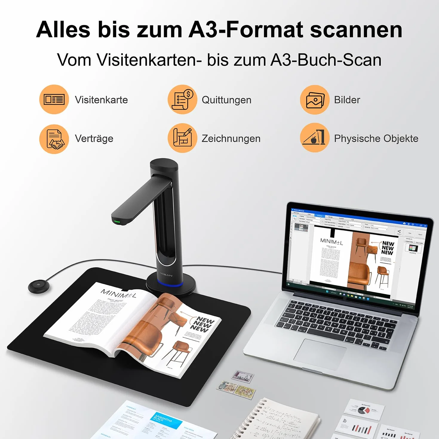 VIISAN K48 A3 Overhead skaner książek 48 MP 600 DPI automatyczne wygładzanie krzywizny boków pozycjonowanie laserowe wideo 4K OCR USB 3.0