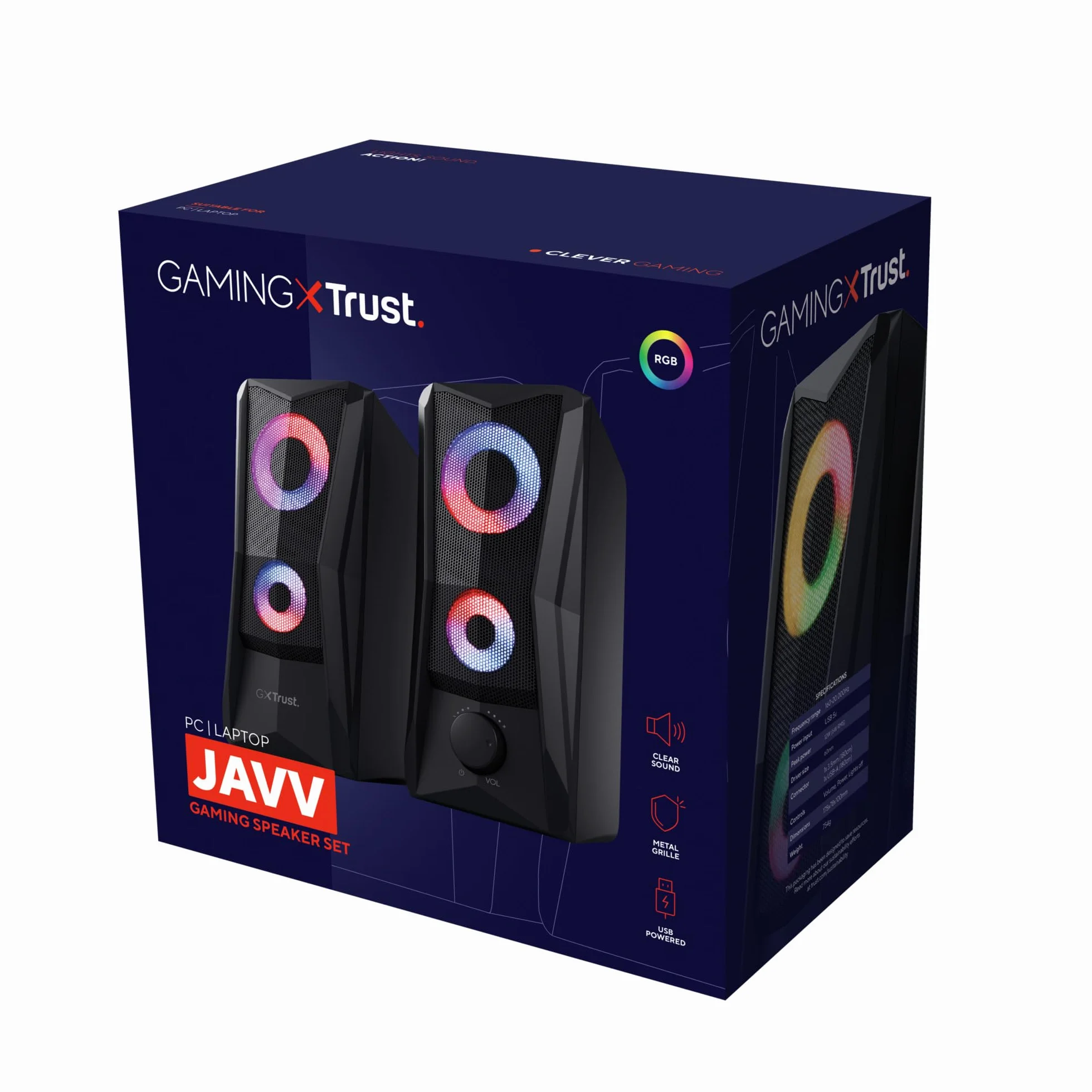 Trust Gaming GXT 606B Javv 2.0 PC głośnik z oświetleniem RGB LED, 12 W (6 W RMS), zasilanie USB, kompaktowe głośniki PC, zestaw głośników, głośniki gamingowe do komputera i laptopa – czarny