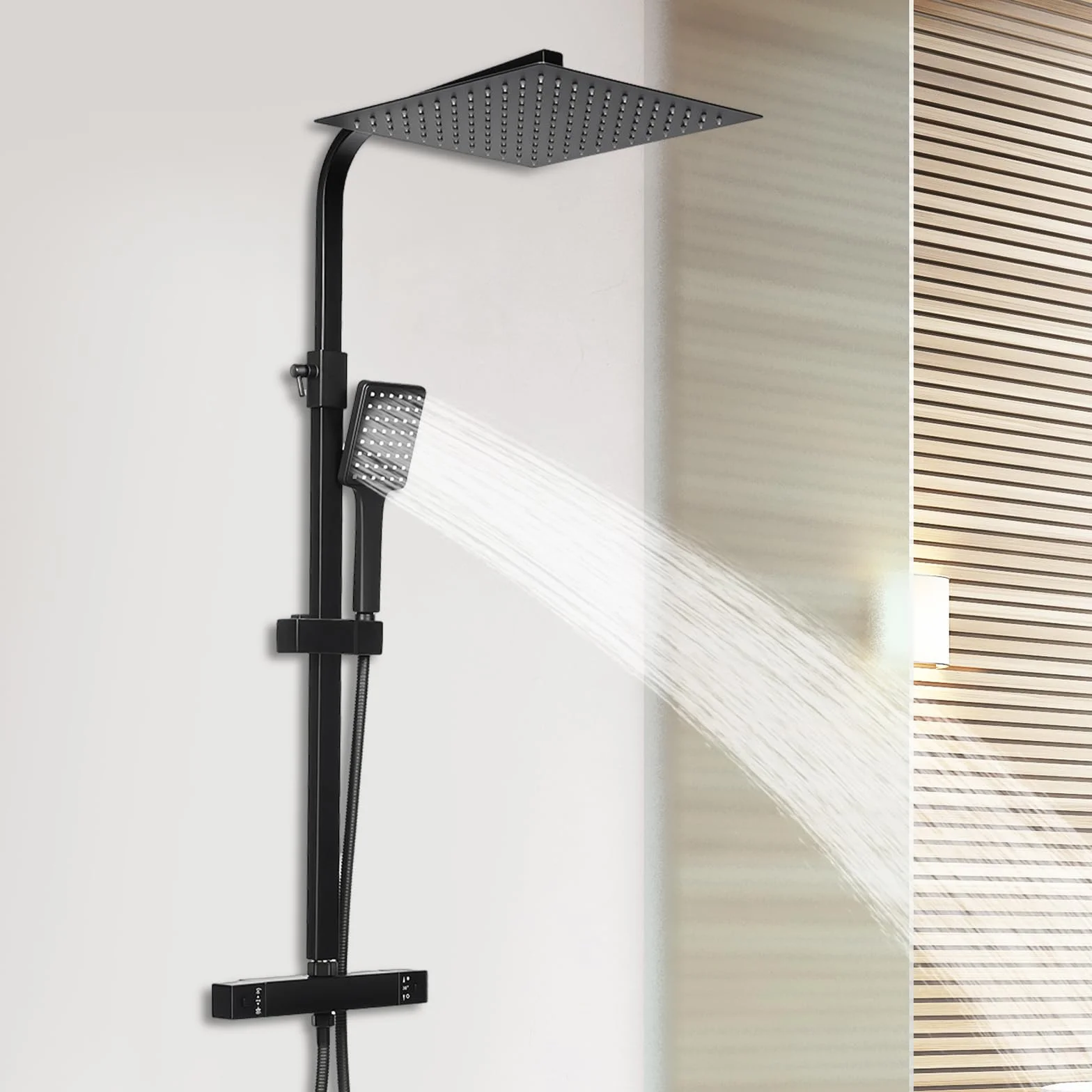 Termostat obracany o 360°, montaż ścienny, system prysznicowy, czarny, deszczownica 30 x 30 cm i słuchawka prysznicowa, ochrona przed oparzeniem 38°C, zawór ceramiczny, regulacja wysokości 70-105 cm