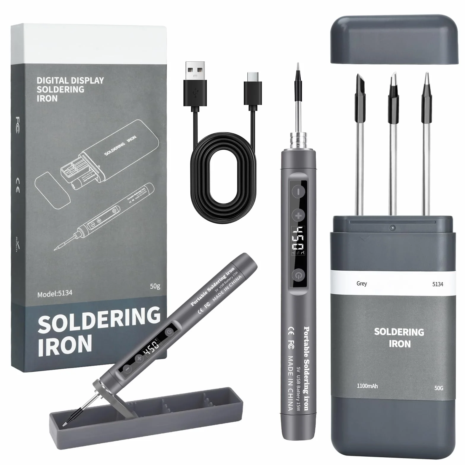 Bezprzewodowy przenośny zestaw lutownic ze stojakiem, lutownica USB z LCD, regulowana temperatura 180-450°C, 3 końcówki lutownicze, do naprawy płytek drukowanych, naprawy spawania, szara