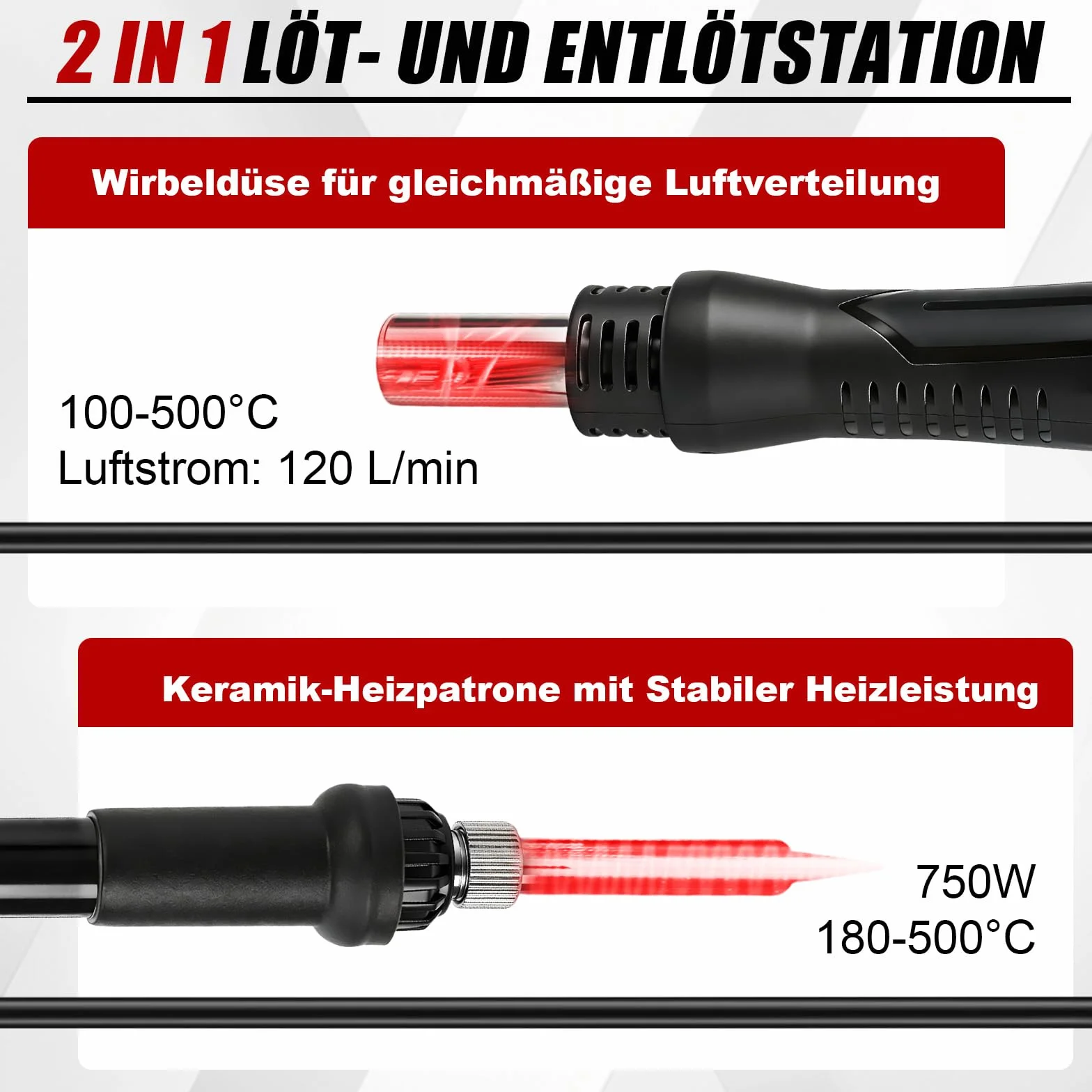 Zestaw 2 w 1 stacja lutownicza na gorące powietrze, 180-500°C, 8586D, cyfrowy wyświetlacz z pistoletem na gorące powietrze 700 W + lutownica 60 W, wiele końcówek, narzędzie do lutowania i naprawy