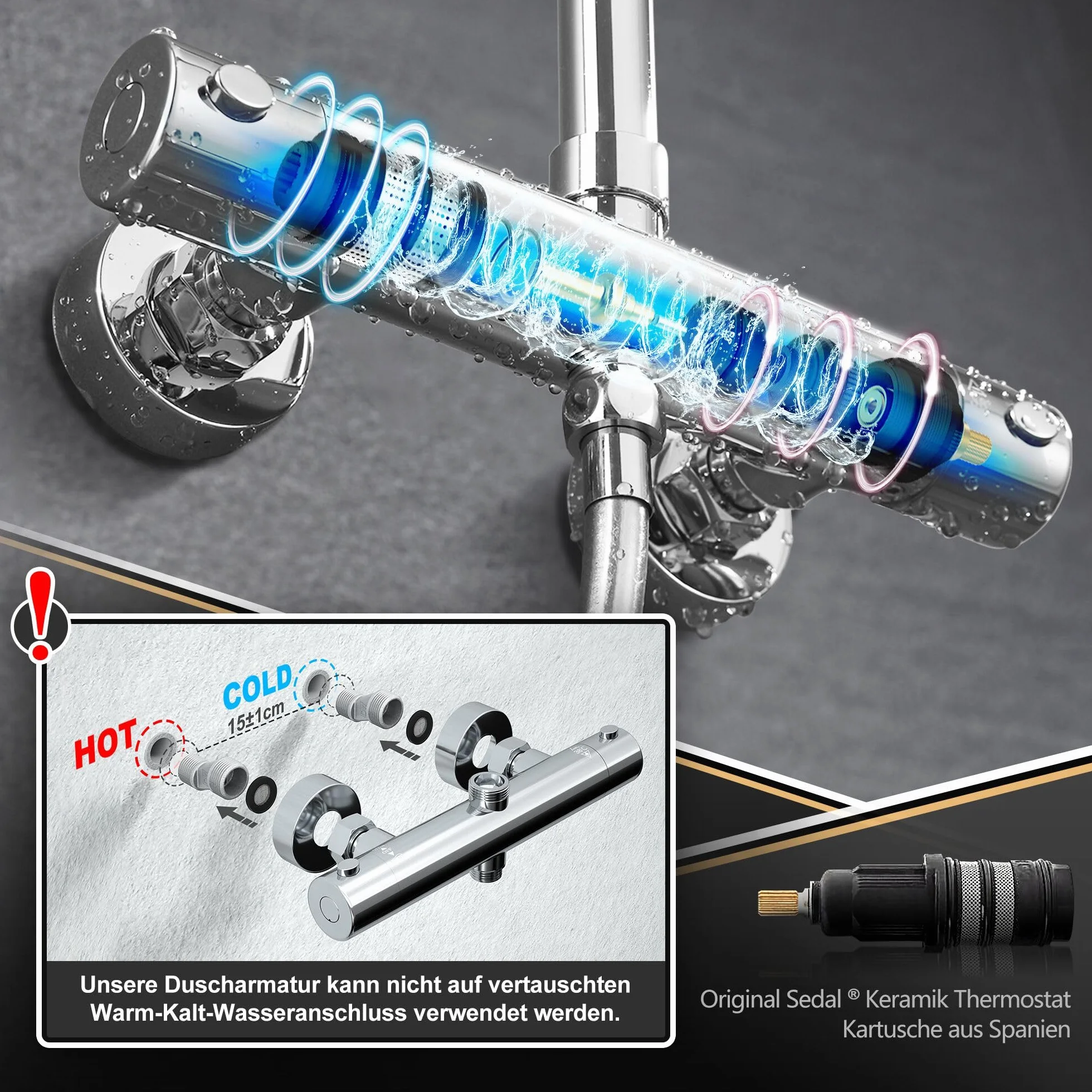 JOHO 304 zestaw prysznicowy ze stali nierdzewnej z termostatem, armatura prysznicowa, deszczownica, system prysznicowy z głowicą prysznicową, średnica 25 cm, chrom
