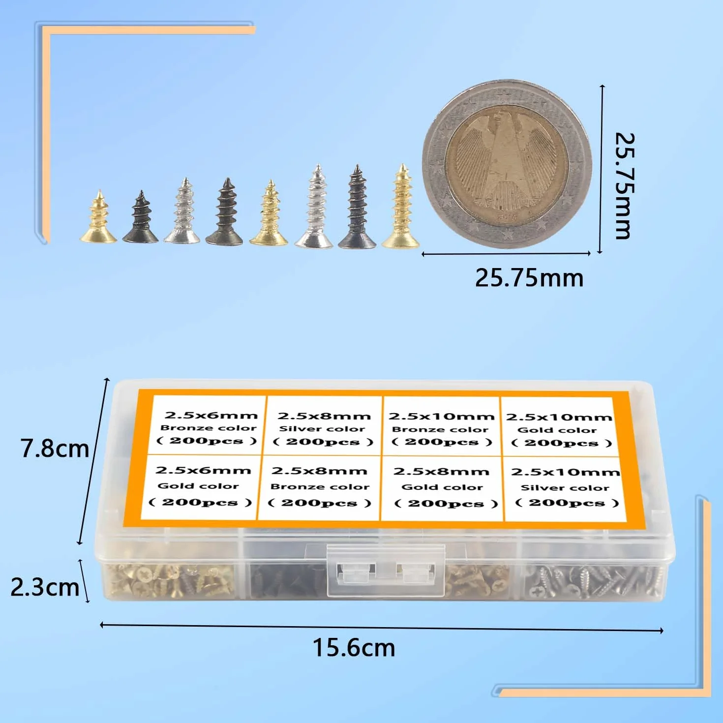Zestaw małych śrub M2.5, wkręty do drewna, wkręty samogwintujące 6 mm, 8 mm, 10 mm, płaskie śruby do projektów DIY, naprawy, 1600 sztuk, złoty, srebrny, czarny