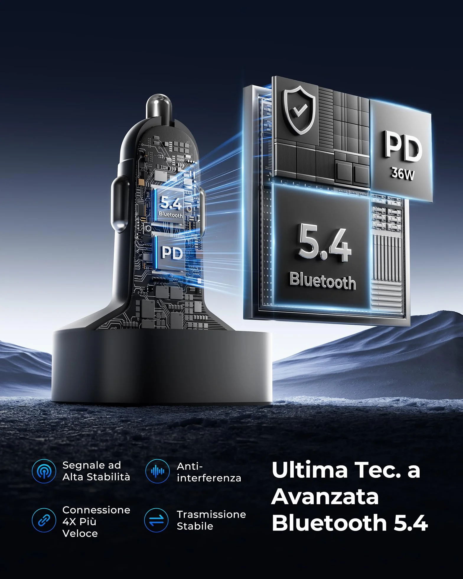 LENCENT Samochodowy transmiter FM Bluetooth 5.4, 54 W, samochodowy adapter Bluetooth, podwójne porty USB szybkie ładowanie (PD 36 W i QC3.0), adapter muzyczny, zestaw głośnomówiący, podwójny mikrofon
