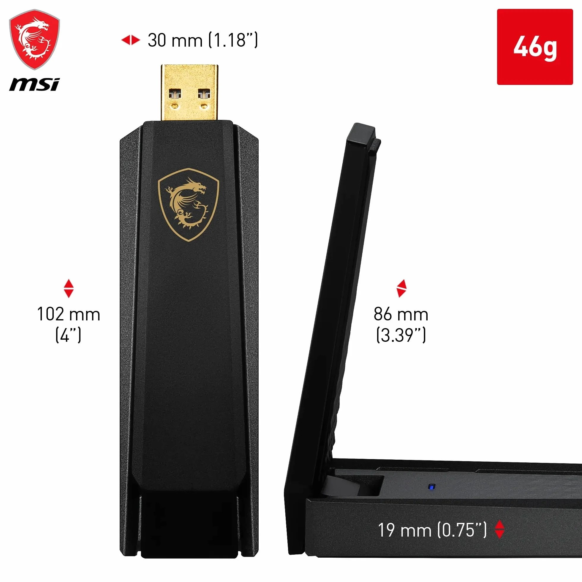 MSI AXE5400 trójpasmowy adapter USB WiFi 6E do 5400 Mb/s 6 GHz 5 GHz 2,4 GHz USB 3.2 Gen 1 typu A MU-MIMO WPA3