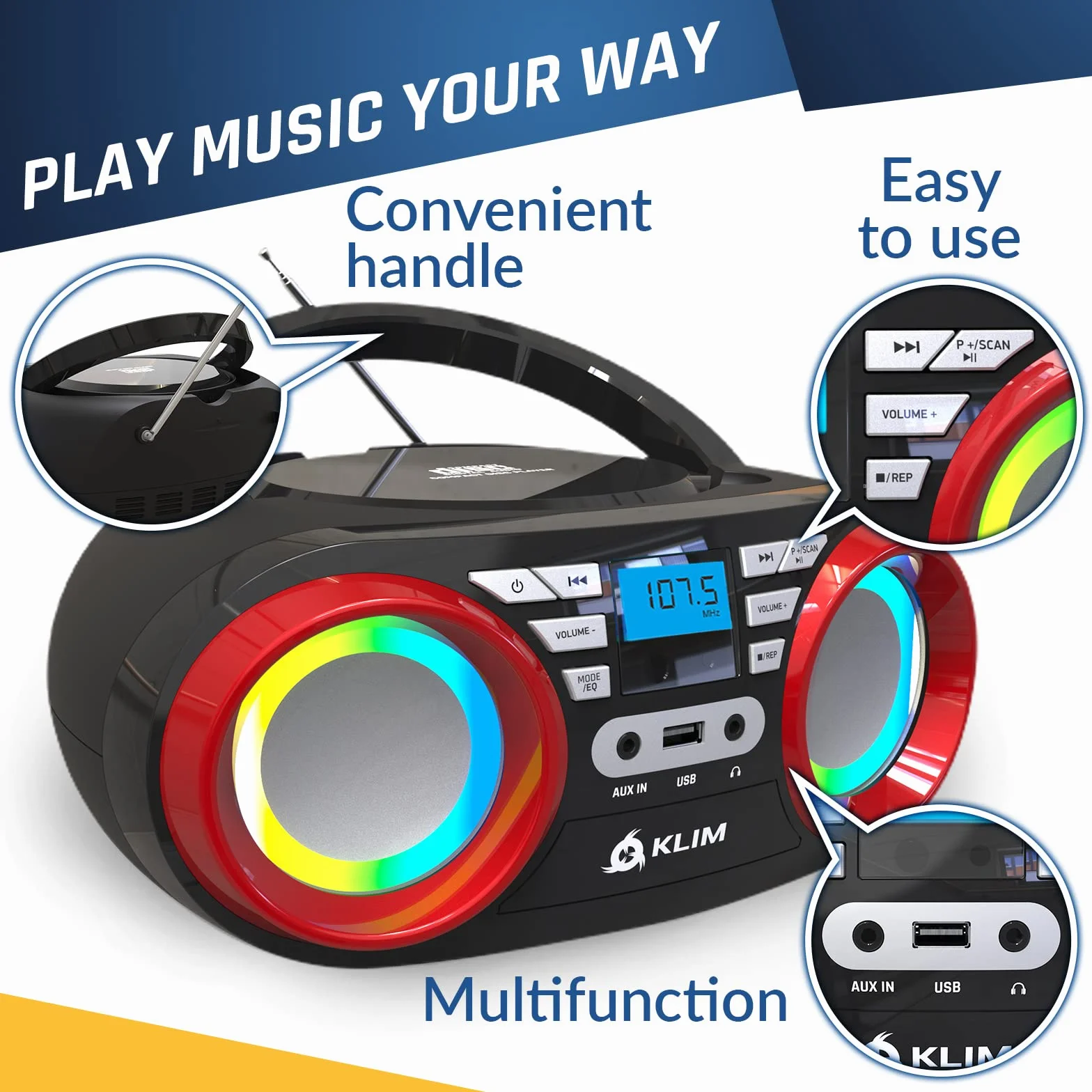 KLIM Boombox B3 Przenośny Odtwarzacz CD - Nowość 2024 - Radio FM, Bluetooth, USB, MP3, Tryb Przewodowy i Bezprzewodowy z Bateriami do Ładowania, Obiektyw Laserowy