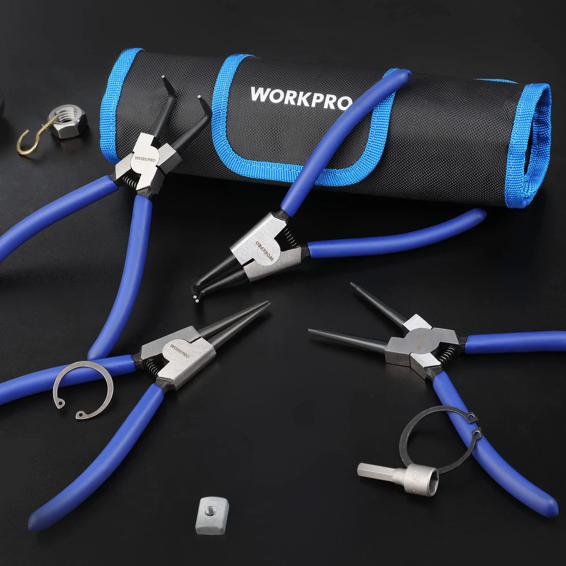 WORKPRO 4-częściowy zestaw szczypiec do pierścieni zatrzaskowych, 7-calowy zestaw szczypiec wewnętrznych i zewnętrznych z prostą i wygiętą szczęką, do mocowania pierścieni do usuwania pierścieni, etui