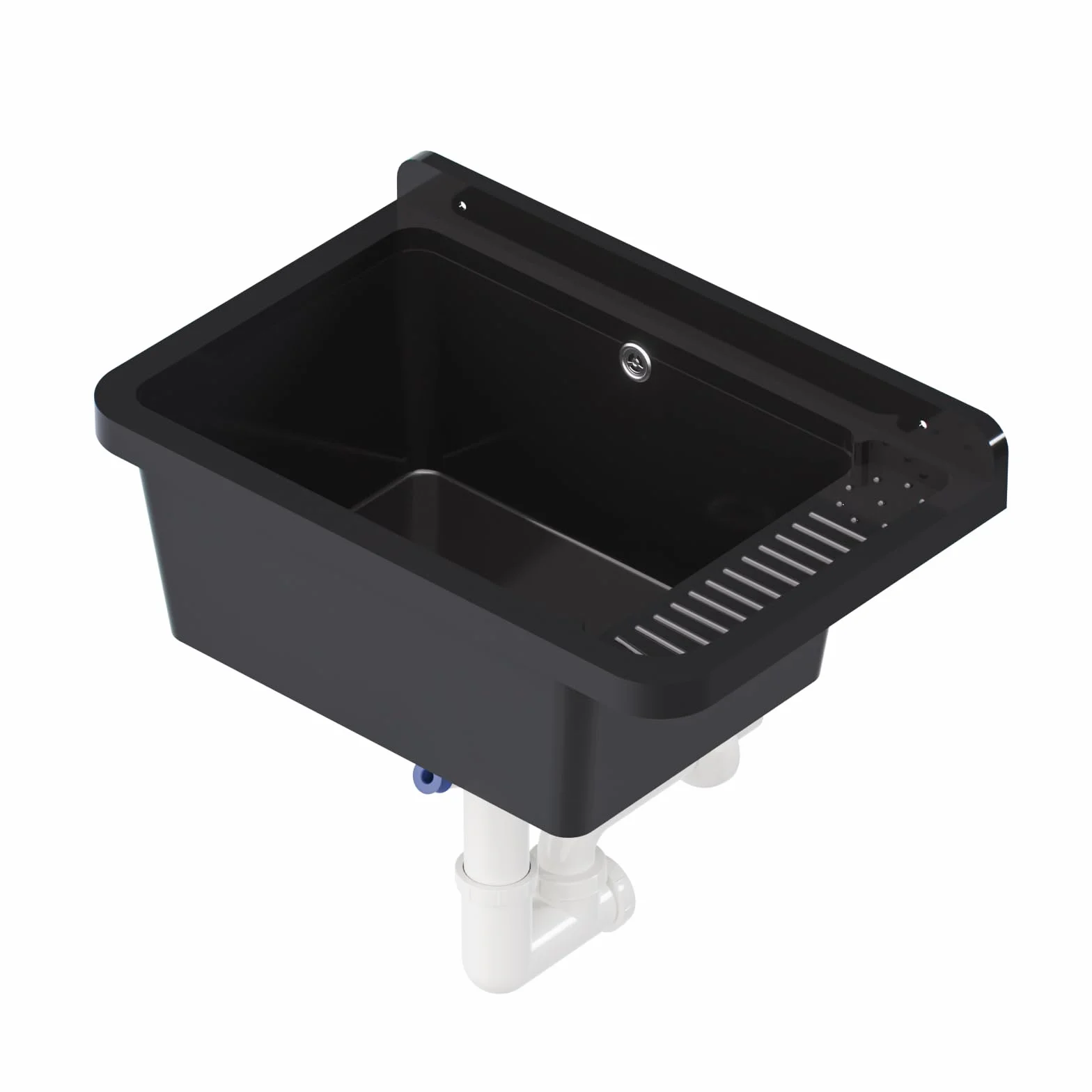 QLS Zlew PP 50,8x33,8 cm z syfonem i zestawem czarny | Do garażu, warsztatu i pralni. Odporny na ciepło, łatwy w czyszczeniu, z zestawem montażowym