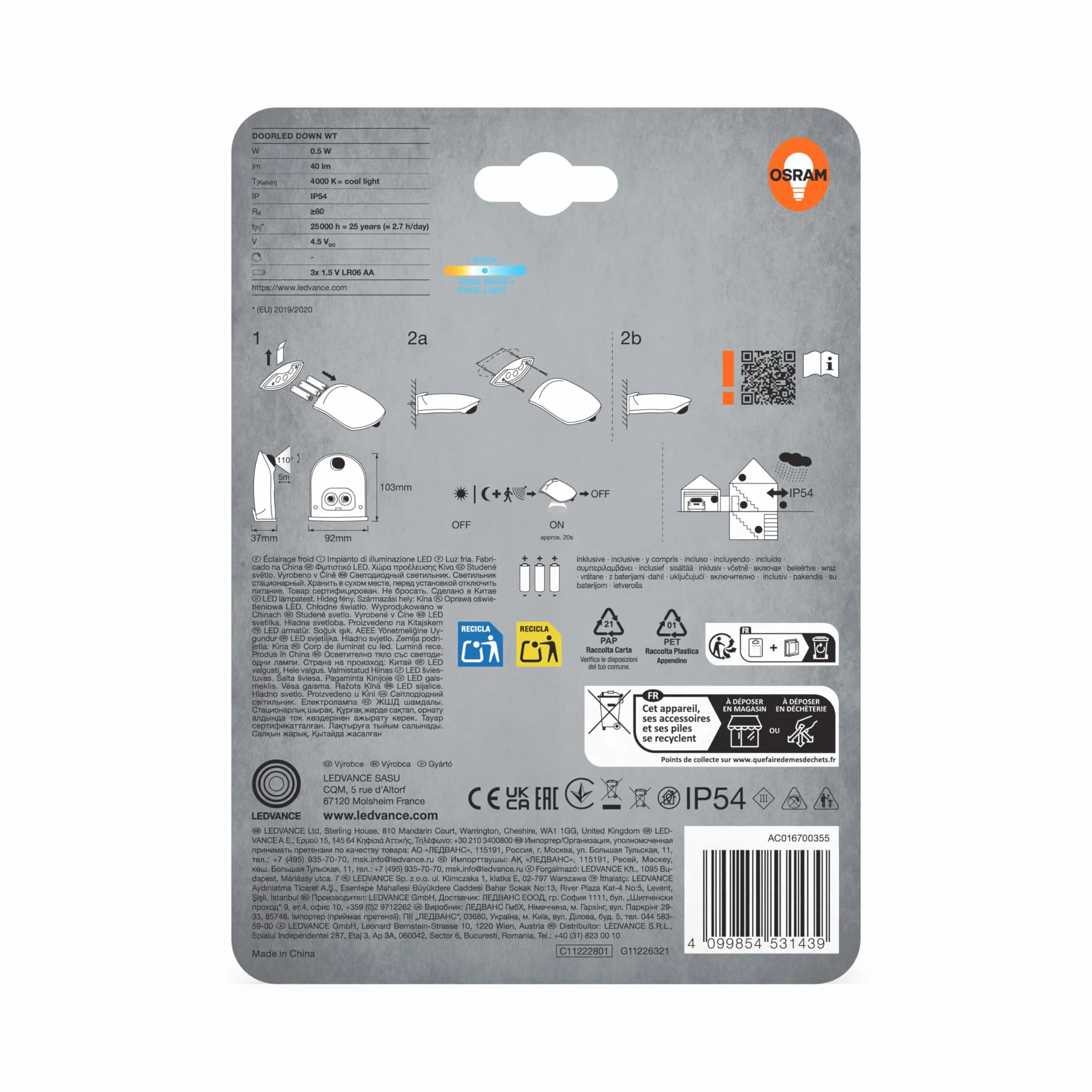 OSRAM Lampa do drzwi z czujnikiem ruchu, zasilana bateryjnie, 4000K, 40lm, 0,95W, IP54, biała, światło skierowane w dół, do stref wejściowych