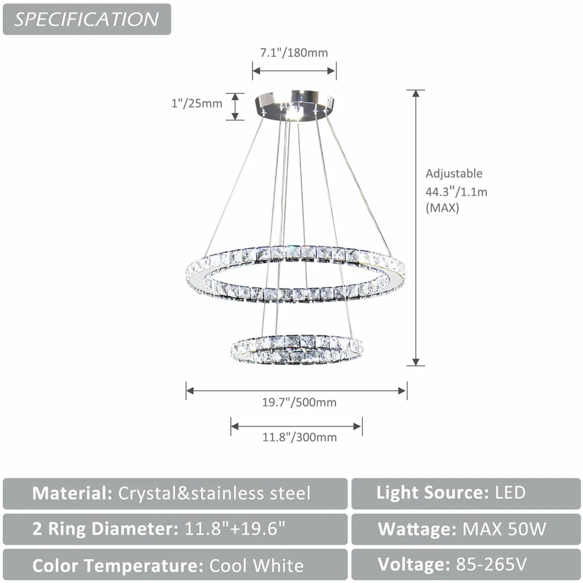 Finktonglan Kryształowy żyrandol LED, 2 pierścienie (Ø 30 i 50 cm), lampa wisząca z regulacją wysokości, ciepła biel 3000 K, 50 W LED, stal nierdzewna/kryształ K9, do salonu i jadalni