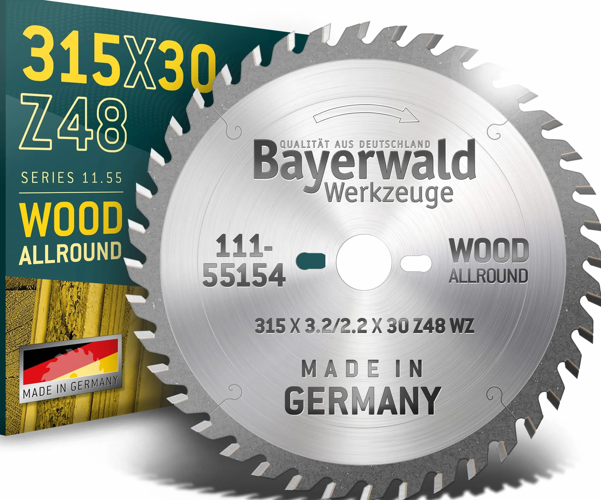 Bayerwald - Brzeszczot do piły tarczowej HM - Ø 315 x 3,2 x 30 mm - Z=48 UW - Seria 11.55 - Zęby alternatywne do przekrojów wzdłużnych i poprzecznych w drewnie/materiałach drewnopochodnych
