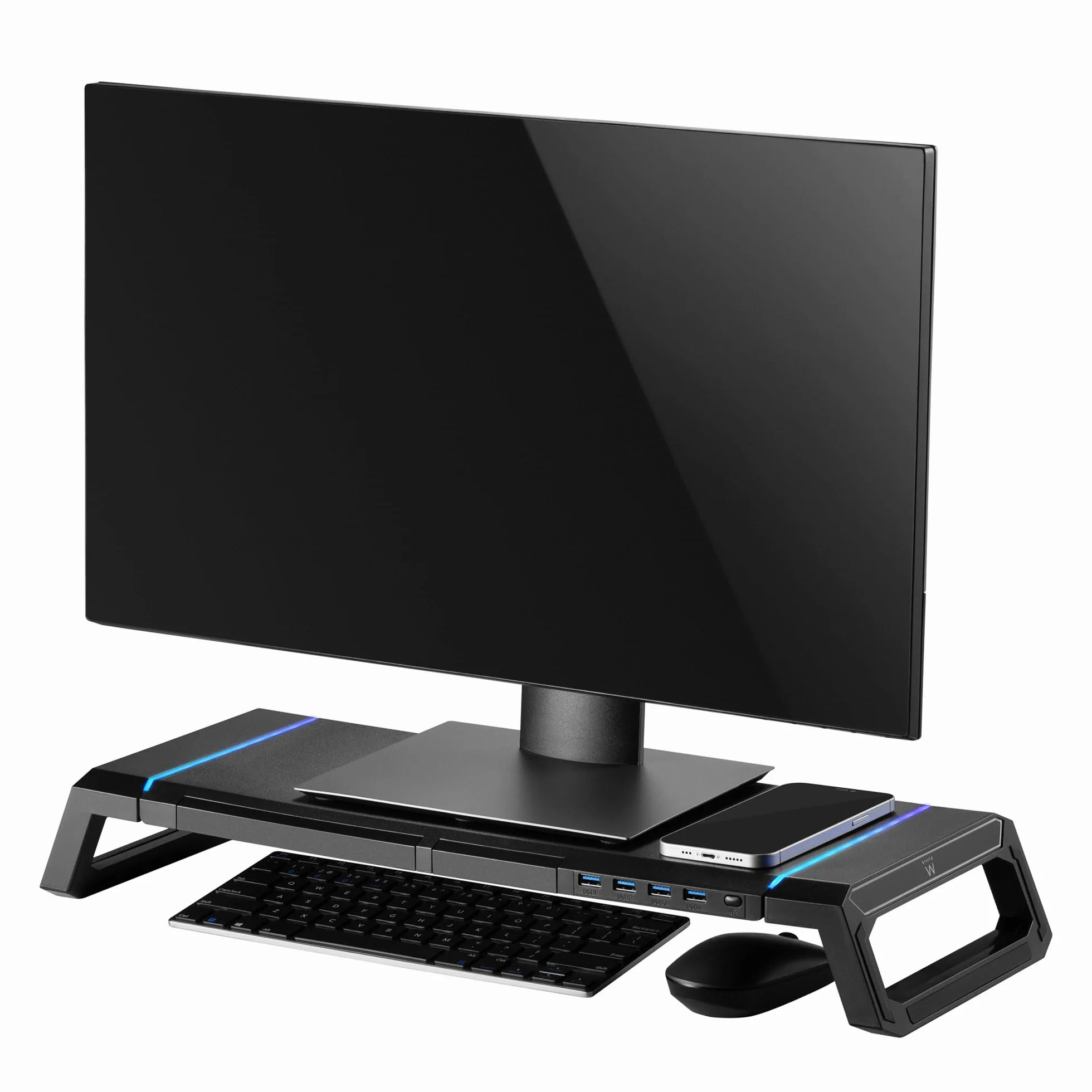 Ewent Stojak na monitor RGB regulowany z szufladą USB 3.2 Gen 1 czarny