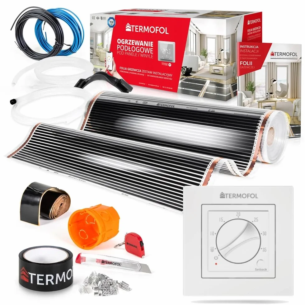 Termofol - Folia grzewcza na podczerwień | Moc: 140W/m2 | Powierzchnia 5 m² | Kompletny zestaw z termoregulatorem TF-H3 | Do samodzielnego montażu | Ogrzewanie podłogowe, ścienne lub sufitowe | Ogrzewanie na podczerwień