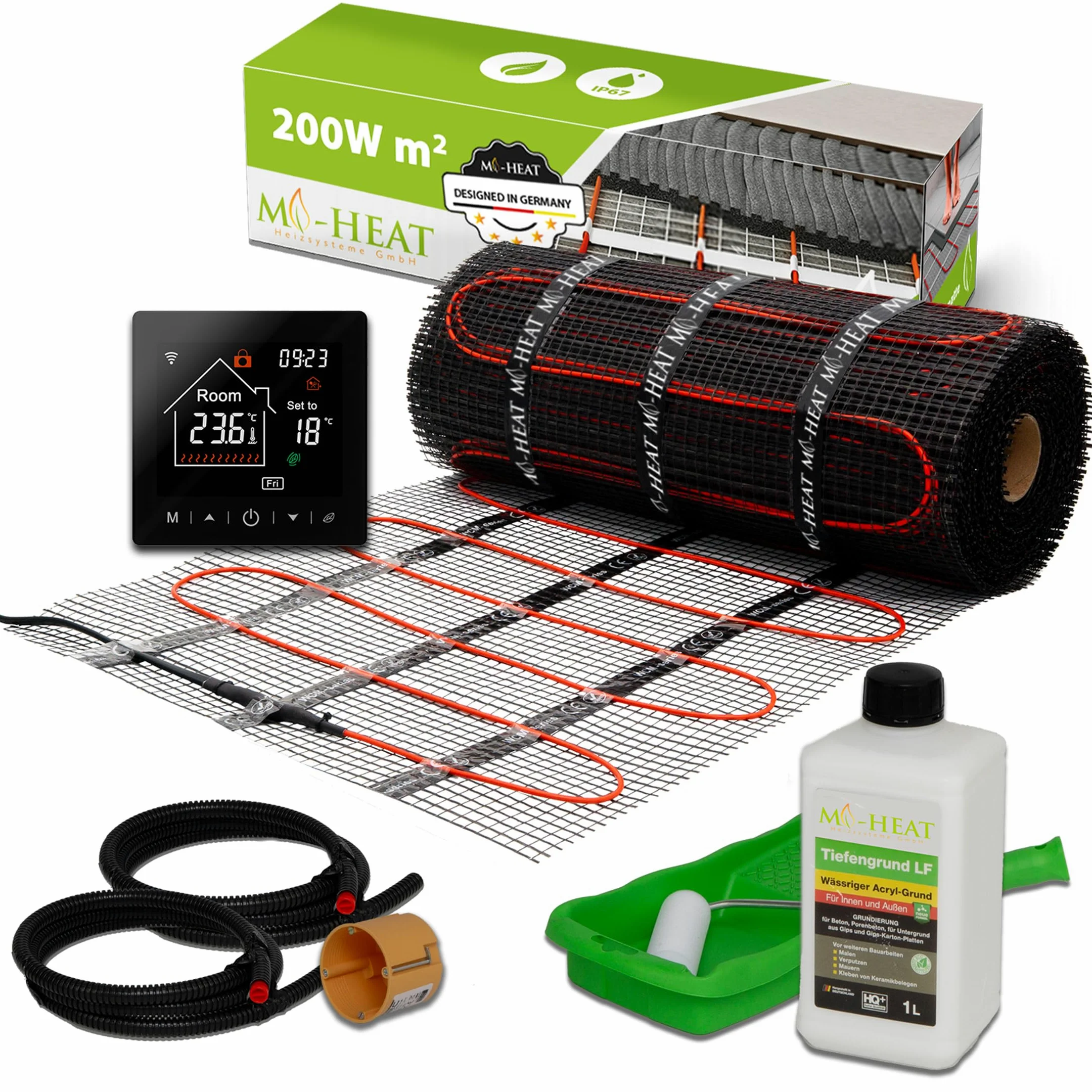 Mi-Heat Elektryczne ogrzewanie podłogowe 200 W/m², 2,5 m², zestaw – mata grzewcza do ogrzewania podłogowego, masa wyrównująca – do płytek, winylu, parkietu i laminatu – w zestawie termostat M2 WiFi