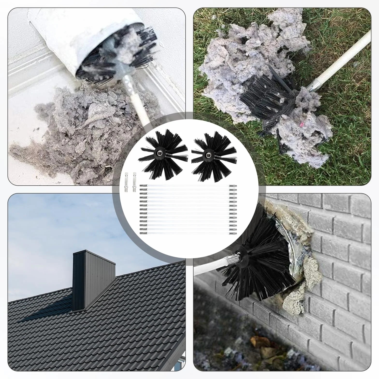 Zestaw szczotek kominkowych 4,9 m, szczotka do rur piecowych Ø 150 mm, szczotka kominowa zawiera 12 elastycznych prętów 410 mm i 2 głowice szczotki, szczotka do kominka, rur, suszarek