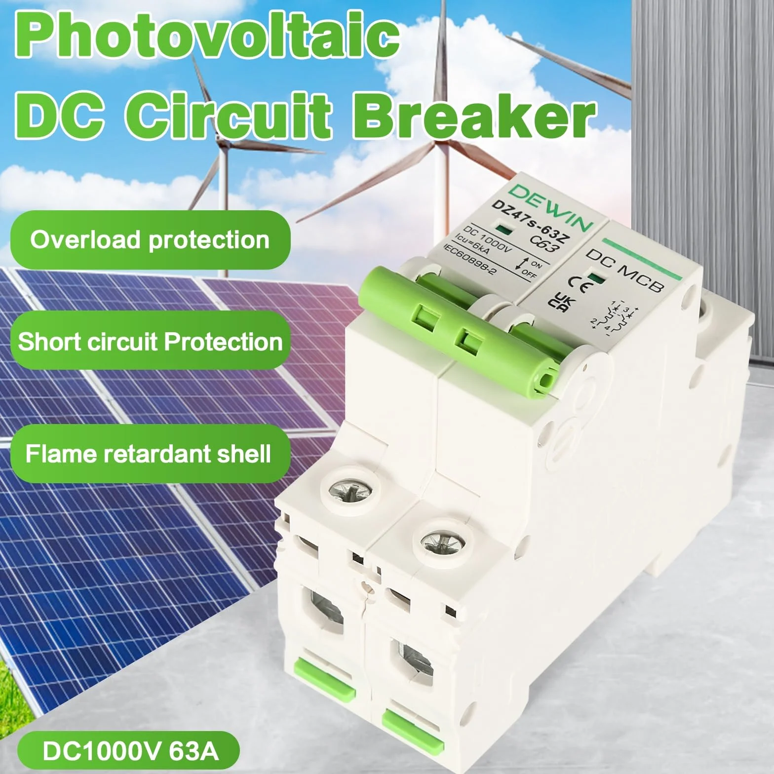 DEWIN Wyłącznik DC, 2P 63A DC1000V fotowoltaiczny miniaturowy wyłącznik przed przeciążeniem do systemu solarnego PV