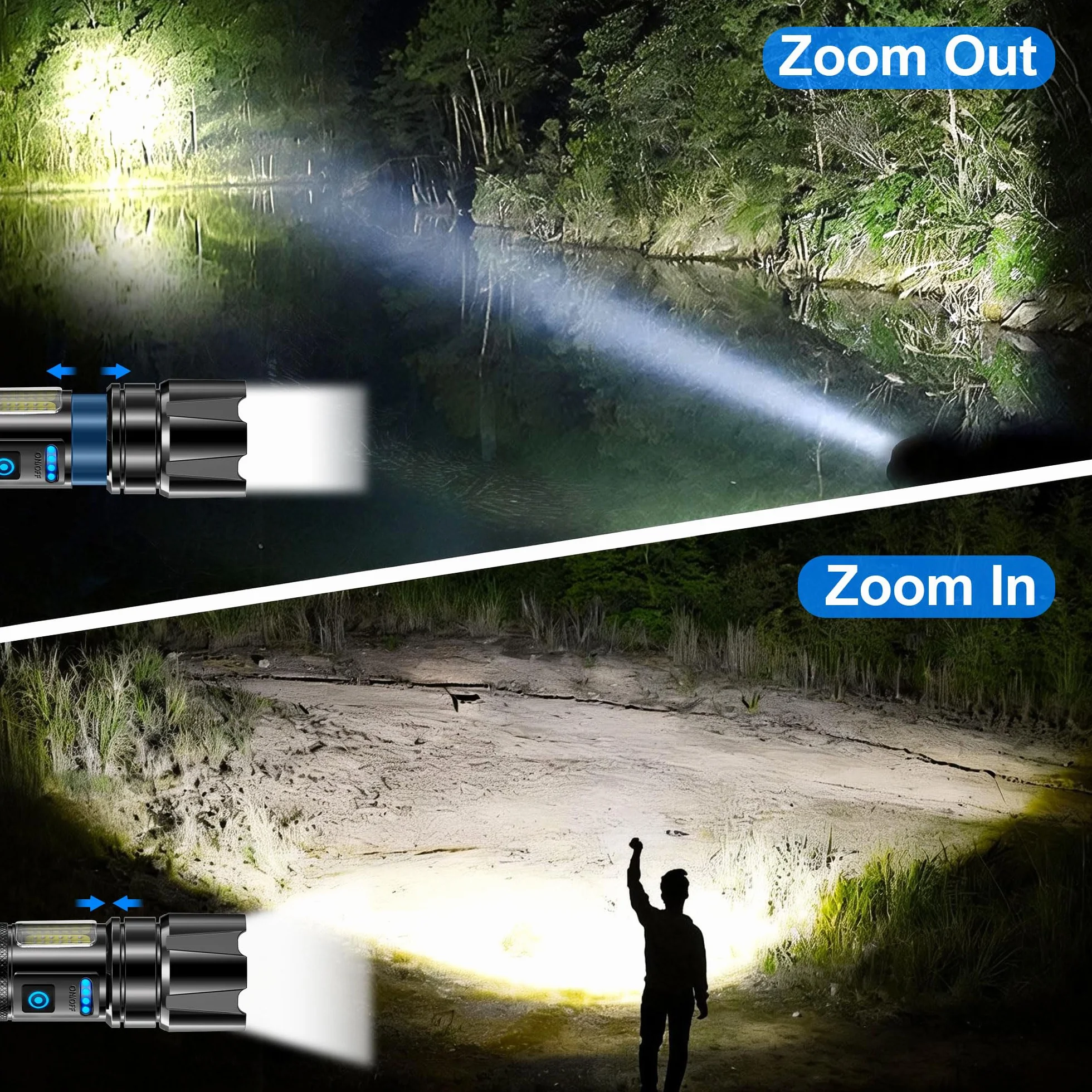 AIUNAOM Latarka LED Ładowana jako Latarka Taktyczna, 500000 Lumenów Wodoodporna IPX6 z 9 Trybami Światła, do Kempingu, Wędrówek, Samochodu