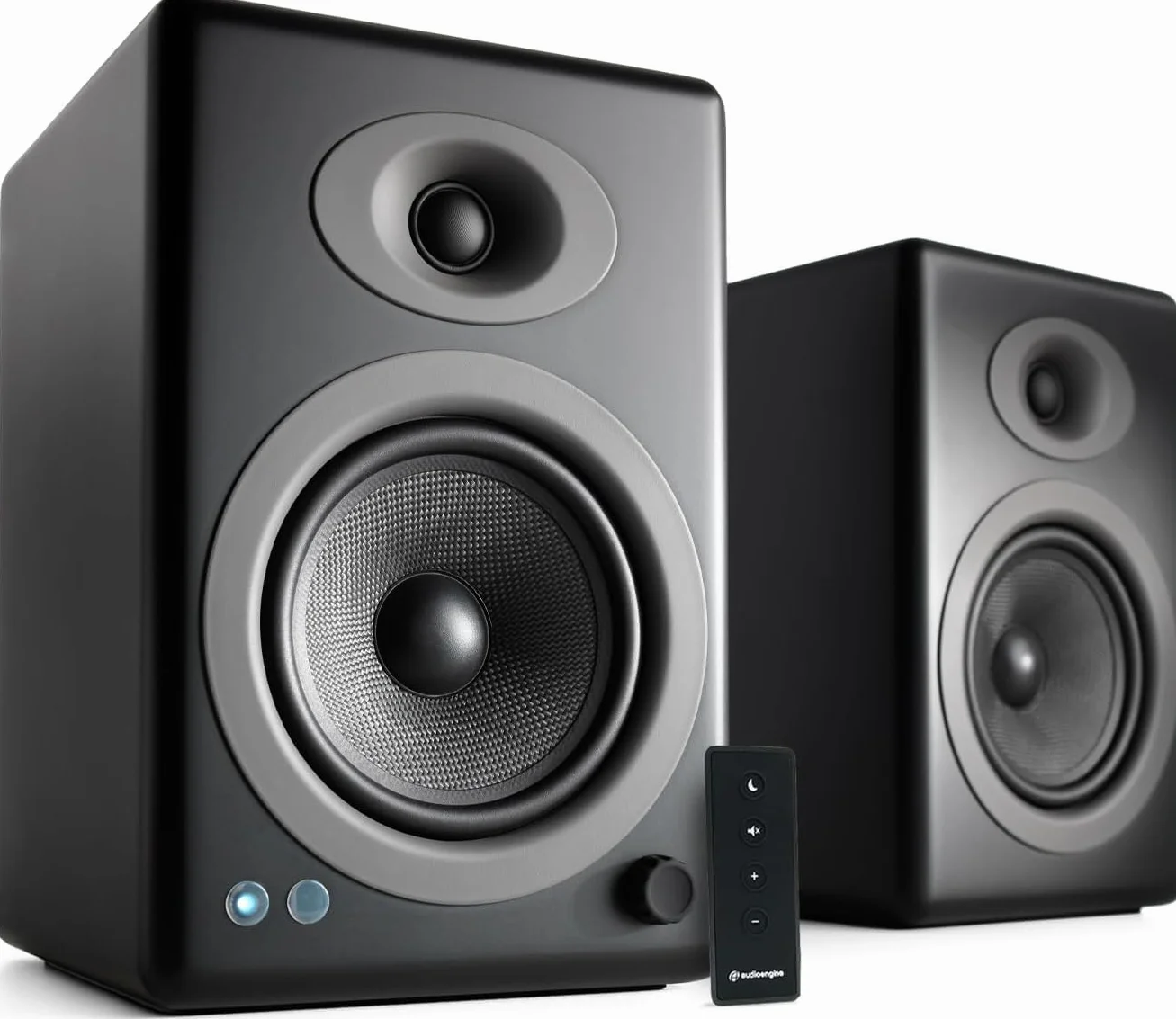 Audioengine A5+ Classic 150W wzmacniane głośniki półkowe, wbudowany wzmacniacz analogowy, pilot zdalnego sterowania, wejścia RCA i 3,5 mm, kable w zestawie (czarny)