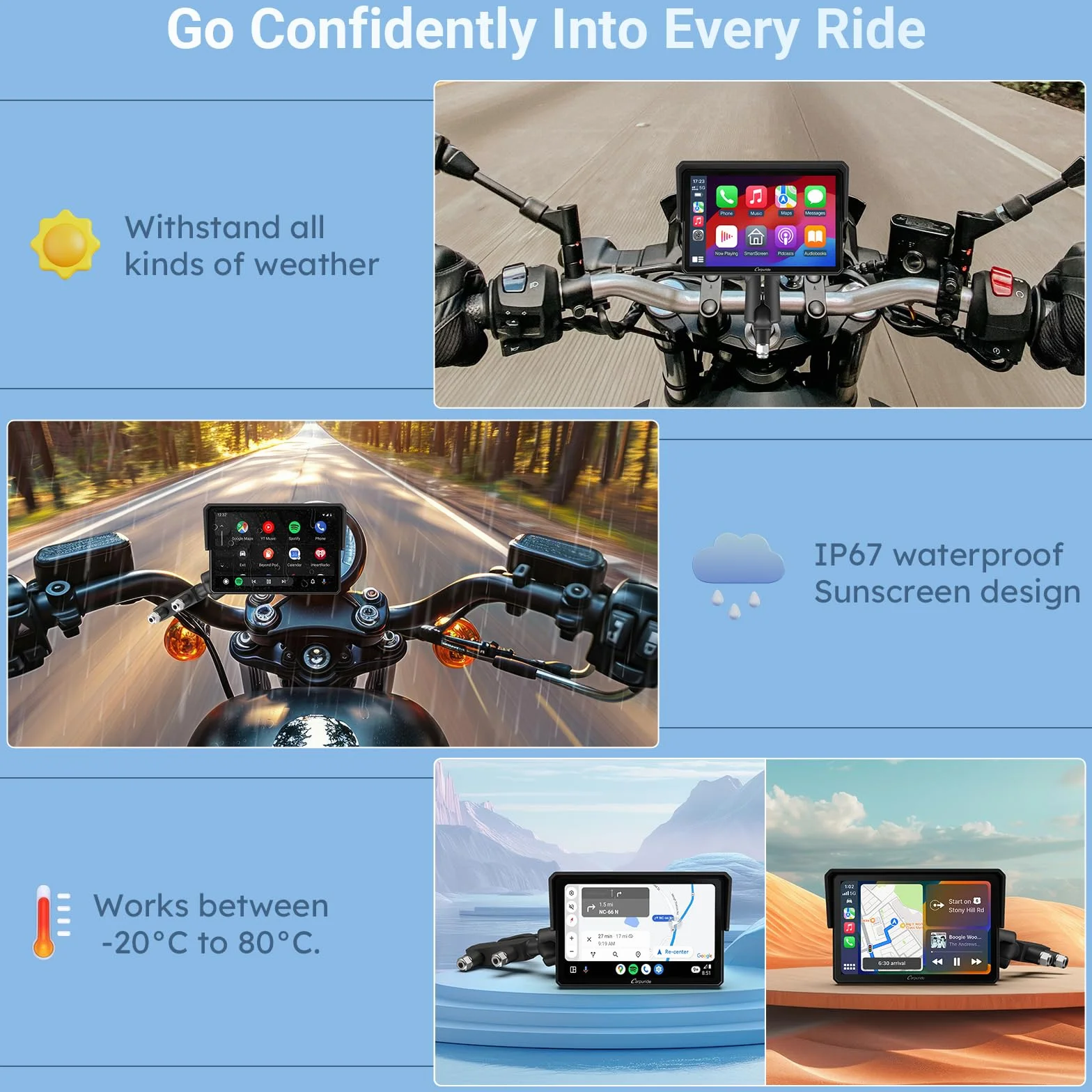 Carpuride W502 Ekran motocyklowy 5" GPS CarPlay Android Auto wodoodporny IP67 Bluetooth