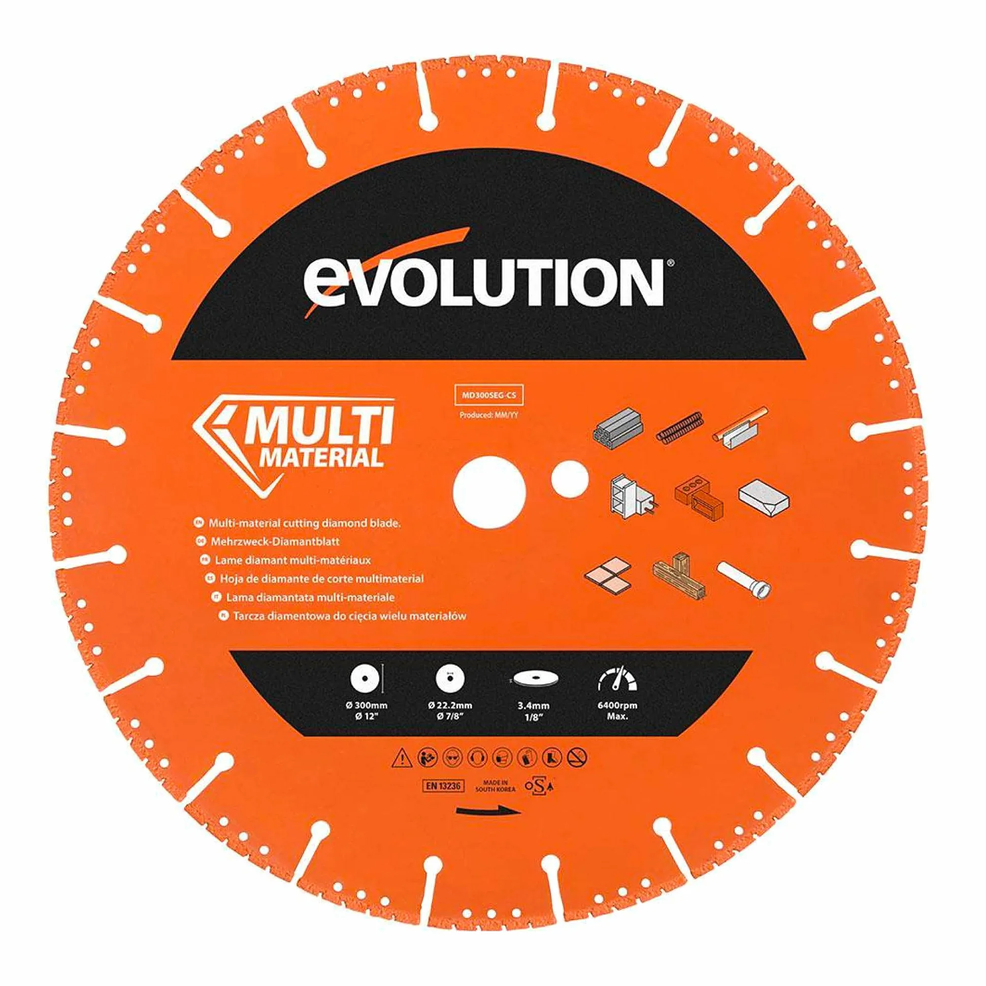 Evolution Power Tools MD300SEG-CS Tarcza diamentowa do różnych materiałów do przecinarki tarczowej/piły do betonu – tnie cegłę, metal, kamień, plastik, beton, drewno, 300 mm