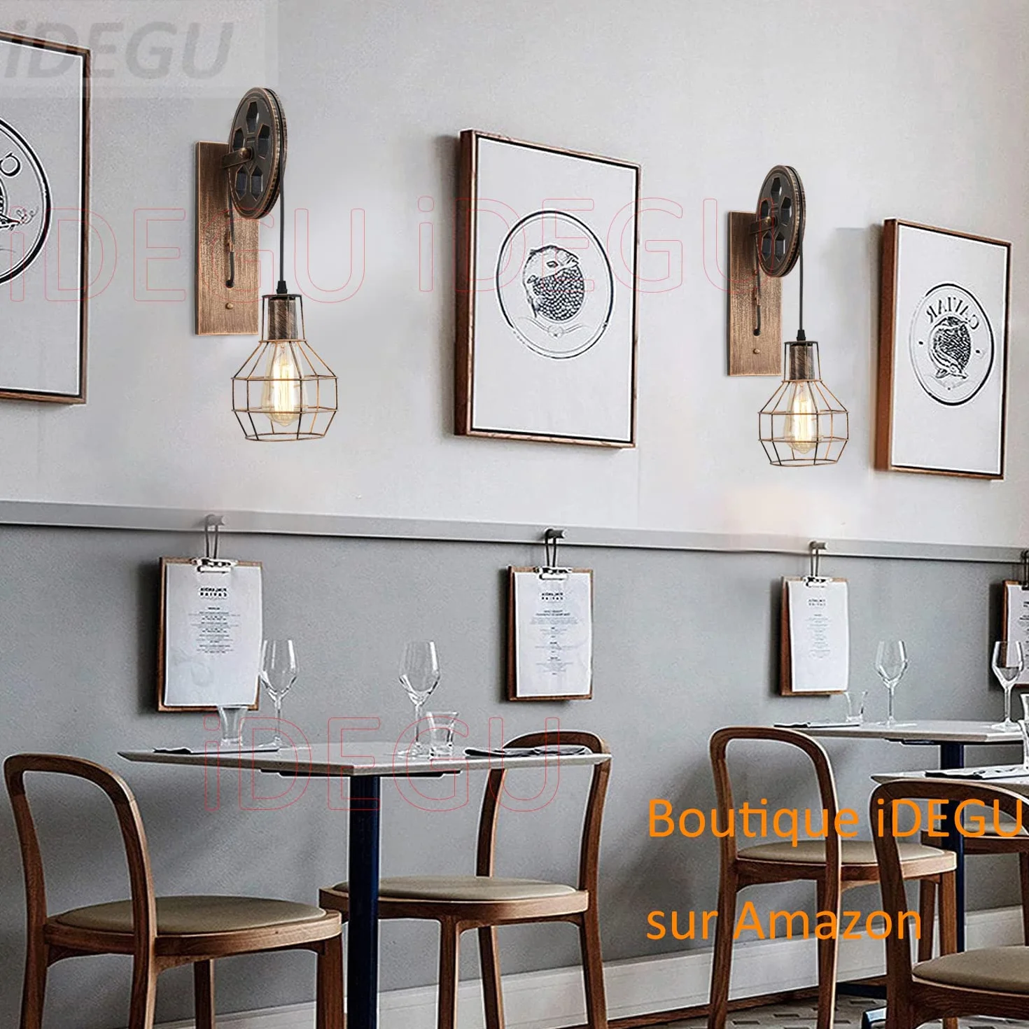 iDEGU 2 sztuki przemysłowych lamp ściennych, w stylu vintage, z koła pasowego, lampa retro z metalu i drewna, lampa wisząca do sypialni, salonu, restauracji, kawiarni, baru, korytarza, brązu