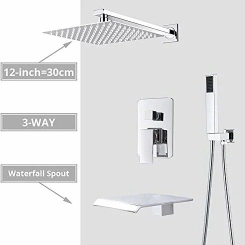 Bateria łazienkowa Chrome Deszczownica Głowica prysznicowa Bateria natryskowa Ścienna wanna Bateria wannowa Tap Beauty Zestaw łazienkowy System prysznicowy, 12, cali 3, Way C Stabilize
