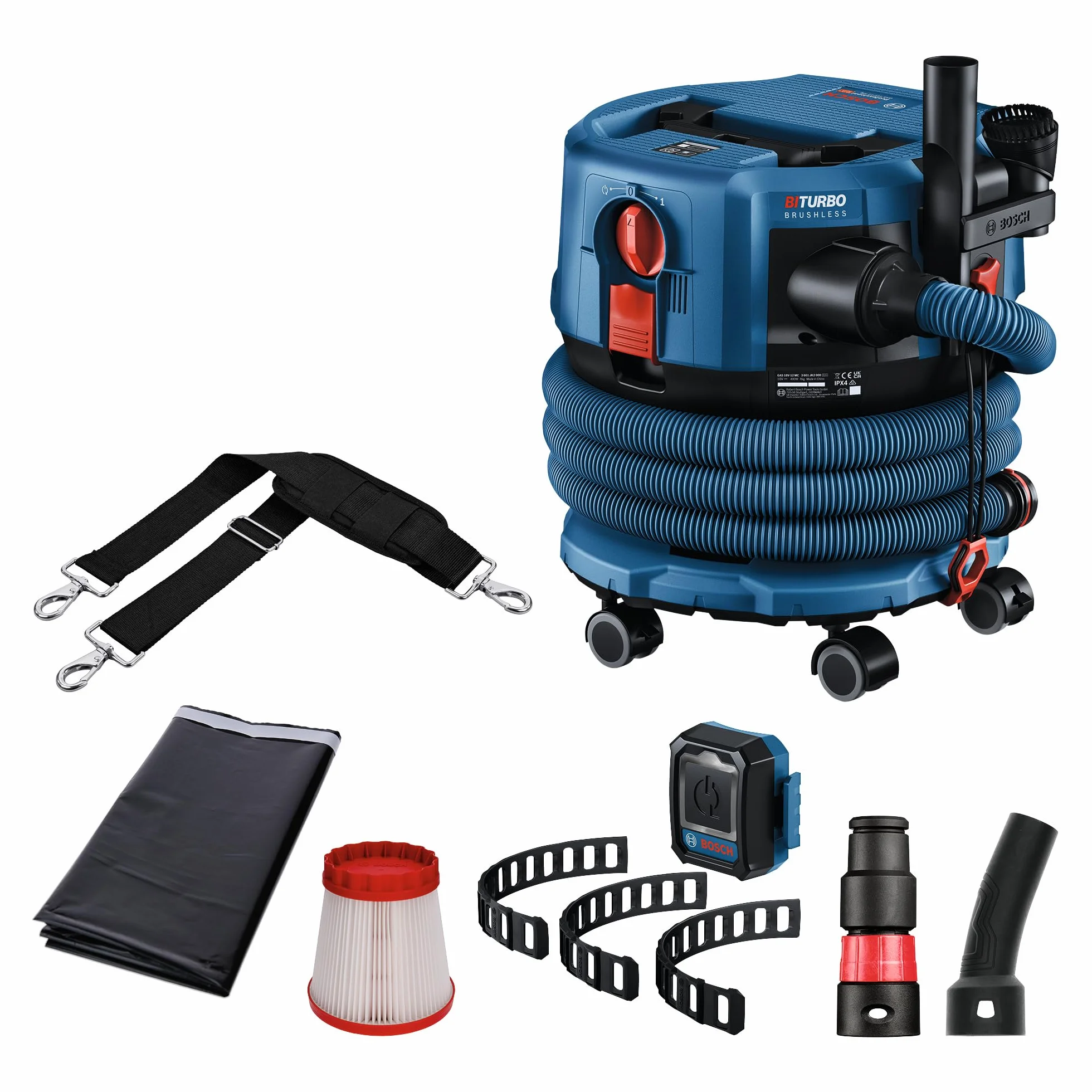 Bosch Professional System 18 V bezprzewodowy odpylacz GAS 18V-12 MC (ochrona przed kurzem klasy M, filtr HEPA, w tym GCT 30-42, 3 x elastyczna gumka, wiele akcesoriów)