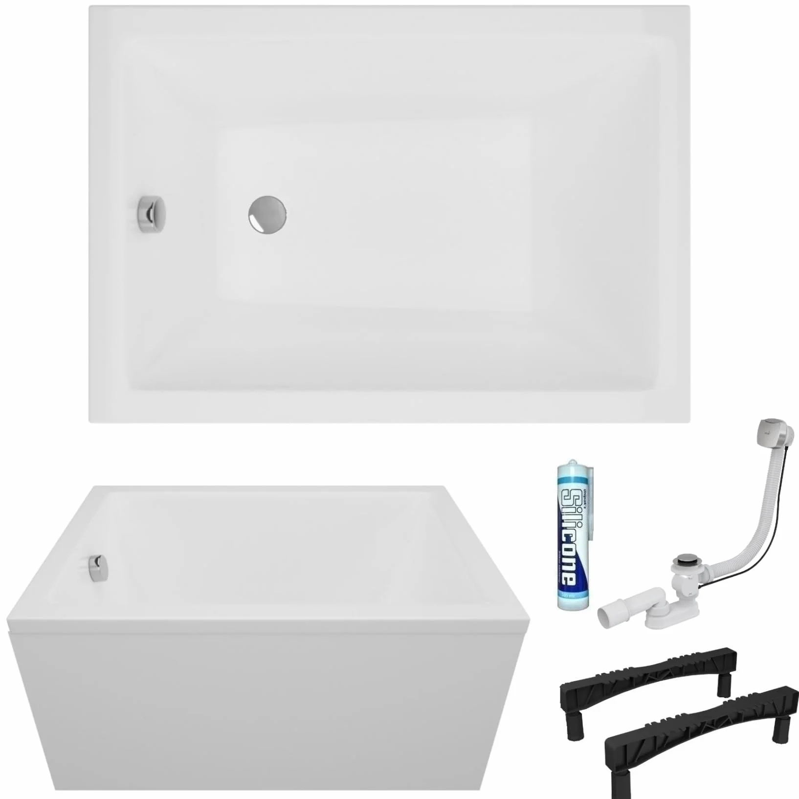 Wanna ECOLAM Marella 100x70 cm + obudowa | Oszczędzająca miejsce, mała, nowoczesna wanna prostokątna, najwyższej jakości wanna akrylowa | Kompletny zestaw z odpływem, nóżkami i silikonową obudową
