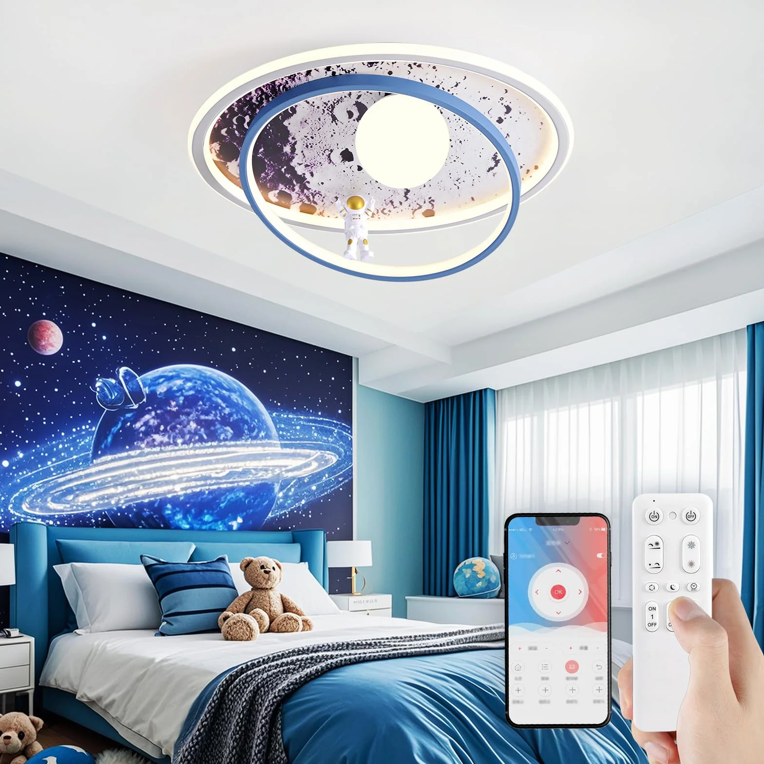 Lampa sufitowa do pokoju dziecięcego, ściemniana, lampa sufitowa LED, księżyc, astronauta, lampa sufitowa z pilotem zdalnego sterowania, dla dzieci, dziewczynek, chłopców, do salonu, sypialni, pokoju