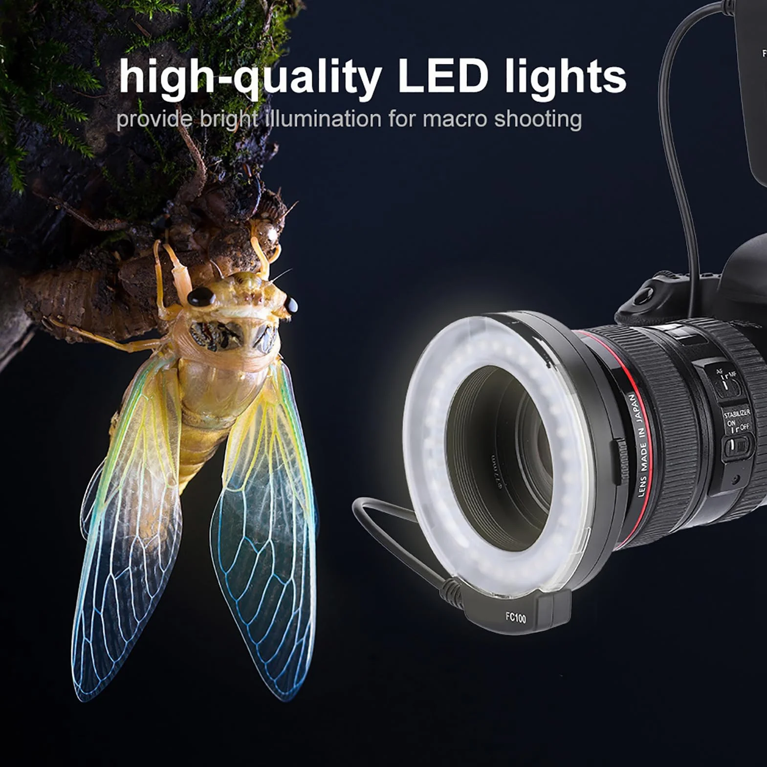 FC-100 Macro Universal LED flash ring, studyjna fotograficzna 5000K regulowana do 7 poziomów z pierścieniem adaptera 40,5 mm / 52 mm / 55 mm / 58 mm / 62 mm / 67 mm / 72 mm