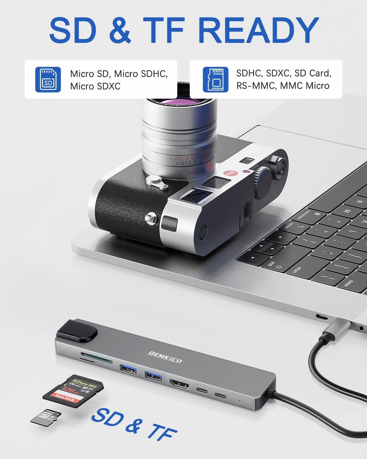 DEMKICO Adapter wieloportowy USB C Hub 8 w 1 Ethernet 4K HDMI czytnik kart SD/TF 2x USB USB C 100W