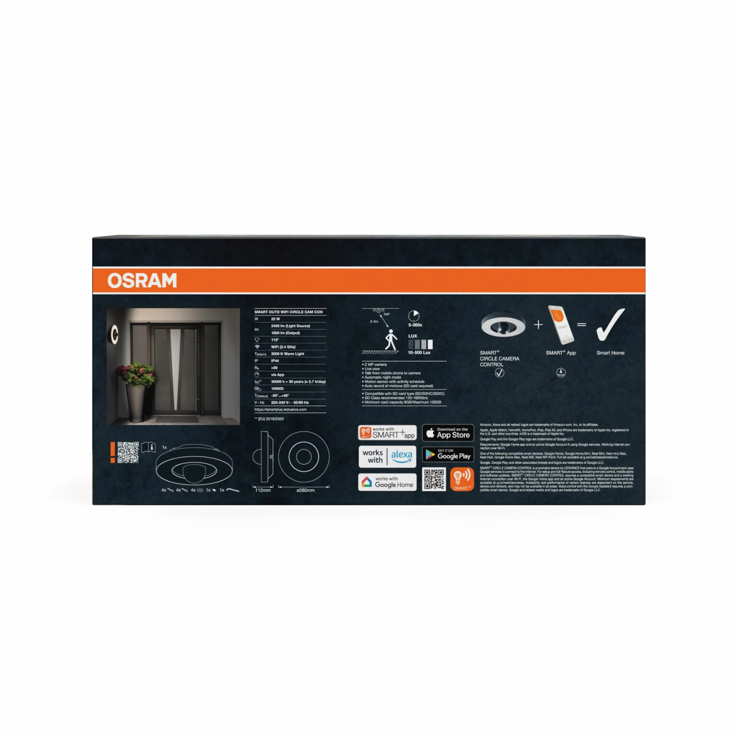 OSRAM Zewnętrzna Oprawa ścienna i sufitowa SMART+ + kamera, ciepłobiałe światło LED (3000K), wysokiej jakości obudowa z poliwęglanu w barwęze ciemnoszarym, zintegrowany głośnik, karta pamięci, | SMART+ Wifi Circle Camera, akcesoria do oświetlenia zewnętrz
