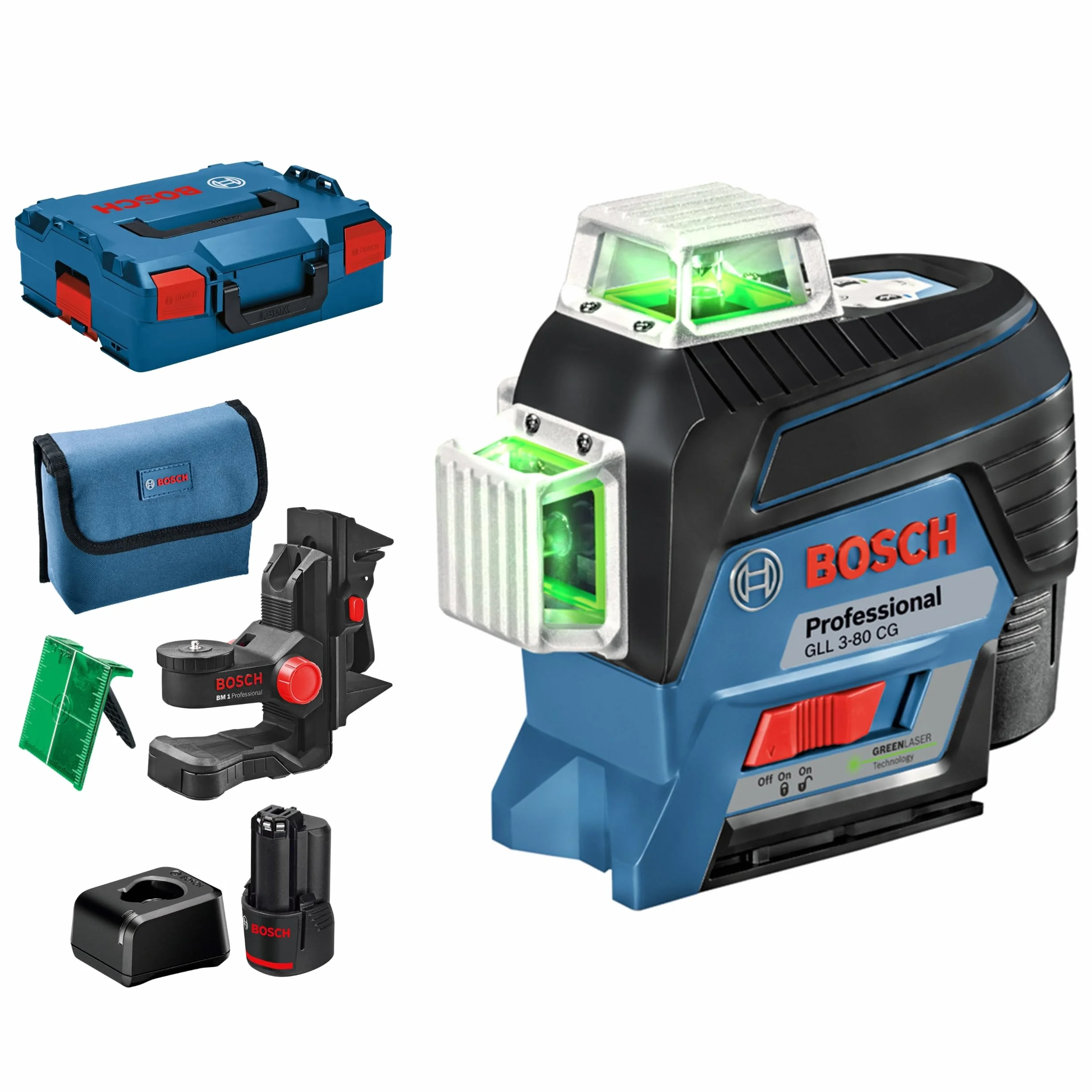 Bosch Professional system 12V: laser liniowy GLL 3-80 CG (2 akumulatory GBA 12V 2.0Ah, ładowarka, zielona wiązka, uchwyt, zasięg pracy: do 30 m, walizka L-BOXX) – Amazon Exclusive Set