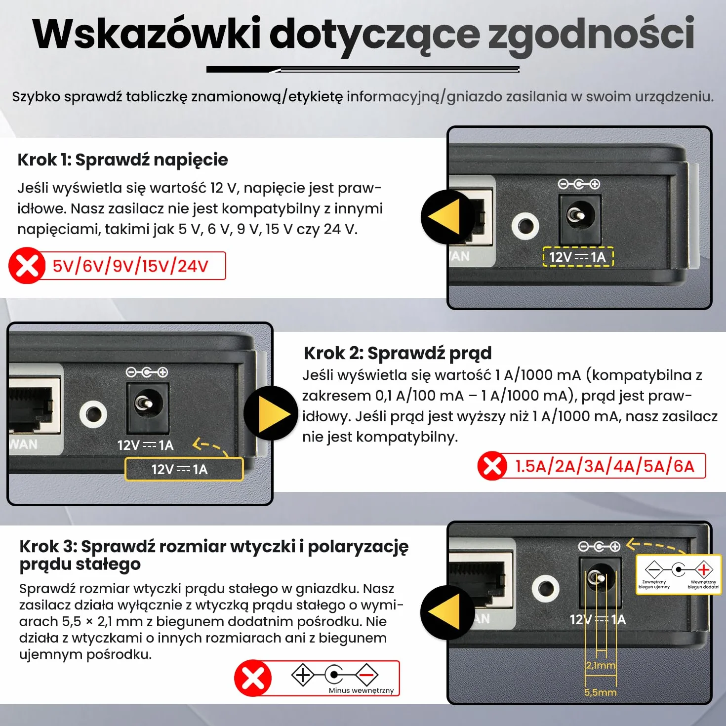 Zasilacz 12V 1A 1,8m AC DC Adapter z 8 Wymiennymi Gniazdami CE