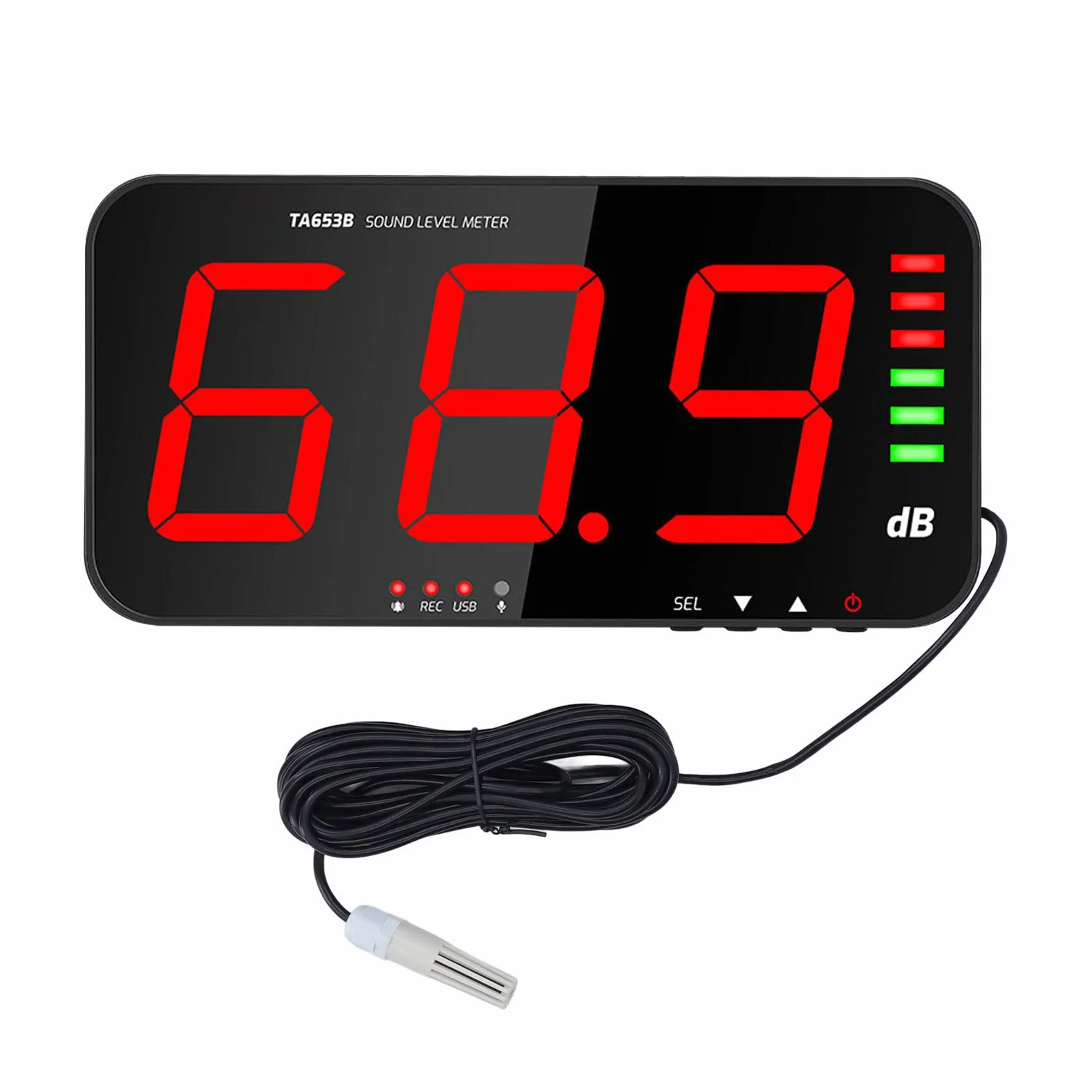 30dB-130dB DC5V 1A Micro USB Miernik Decybeli TA654B 13-calowy Ekran 3-Cyfrowy Wyświetlacz Miernik Poziomu Dźwięku Wiszący na ścianie Cyfrowy Czytnik Decybeli z Alarmem do