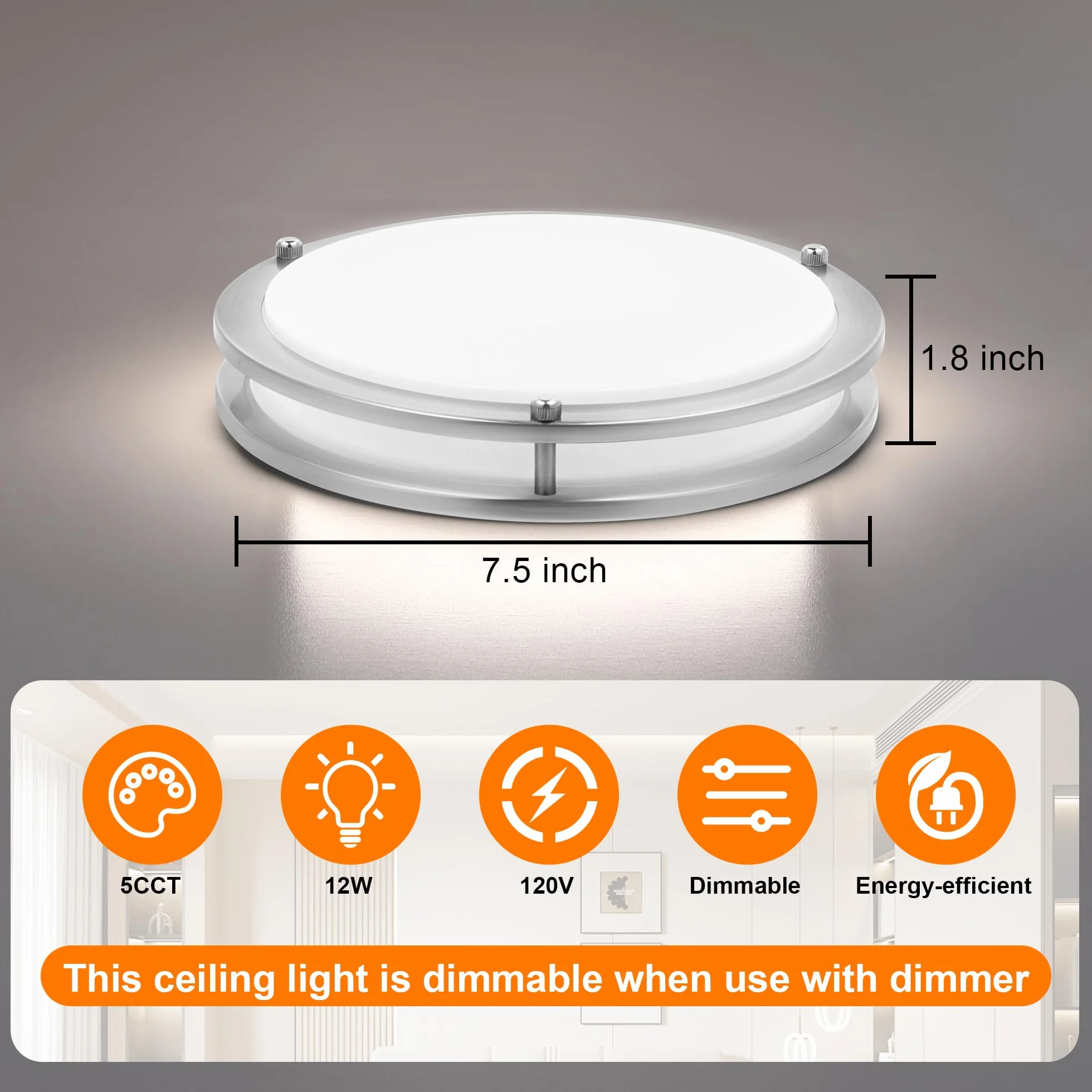 Okrągła lampa sufitowa ze szczotkowanego niklu 7,5 cala – podtynkowa lampa sufitowa LED do kuchni 2700 K / 3000 K / 3500 K / 4000 K / 5000 K regulowana szczotkowany nikiel łazienka