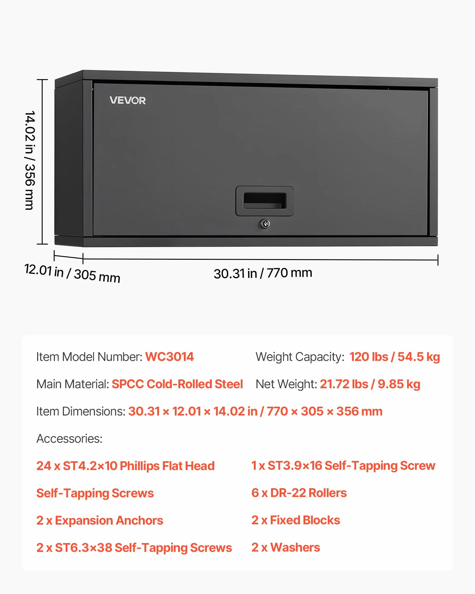 VEVOR Metalowa szafka ścienna, 77 szer. x 30,5 gł. x 35,6 cm, pływająca szafka na narzędzia garażowe z otwieranymi drzwiami, obciążenie 54,5 kg na półkę, pasuje do garażu, piwnicy, kuchni, magazynu