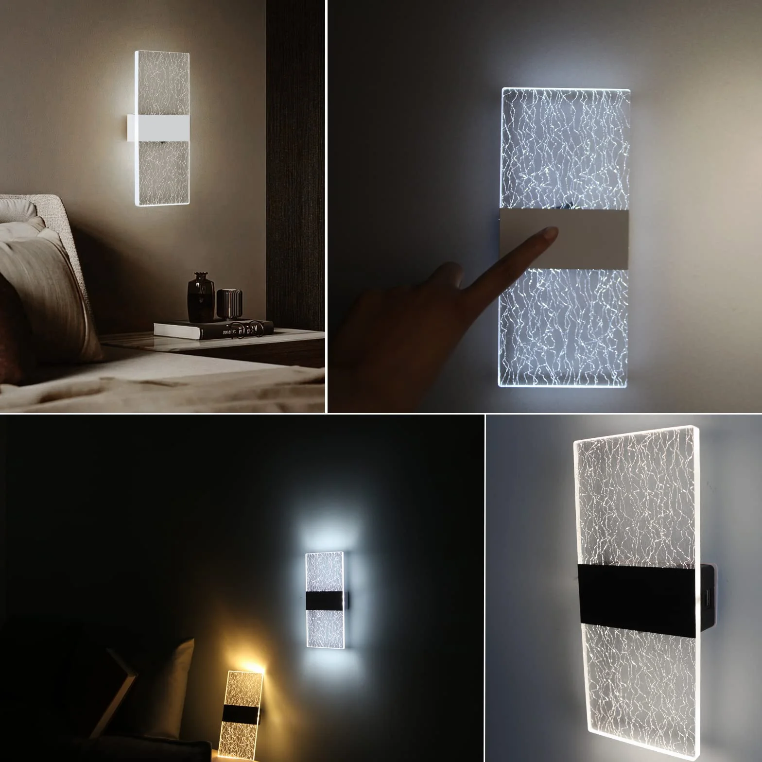 VOMI Bezprzewodowa lampa ścienna LED na baterie, lampa ścienna do sypialni z akumulatorem USB, lampka nocna z przełącznikiem, zestaw 2 lamp magnetycznych 6000K, oświetlenie ścienne 3 regulowana