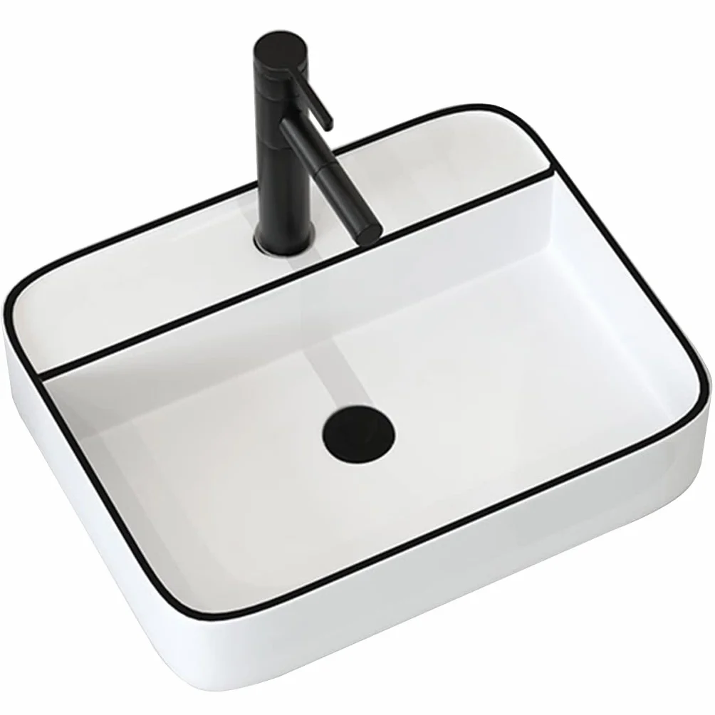 20" umywalka łazienkowa nad blatem, umywalka porcelanowa z czarną krawędzią, sztuka dekoracyjna, umywalka z kranem i odpływem pop-up