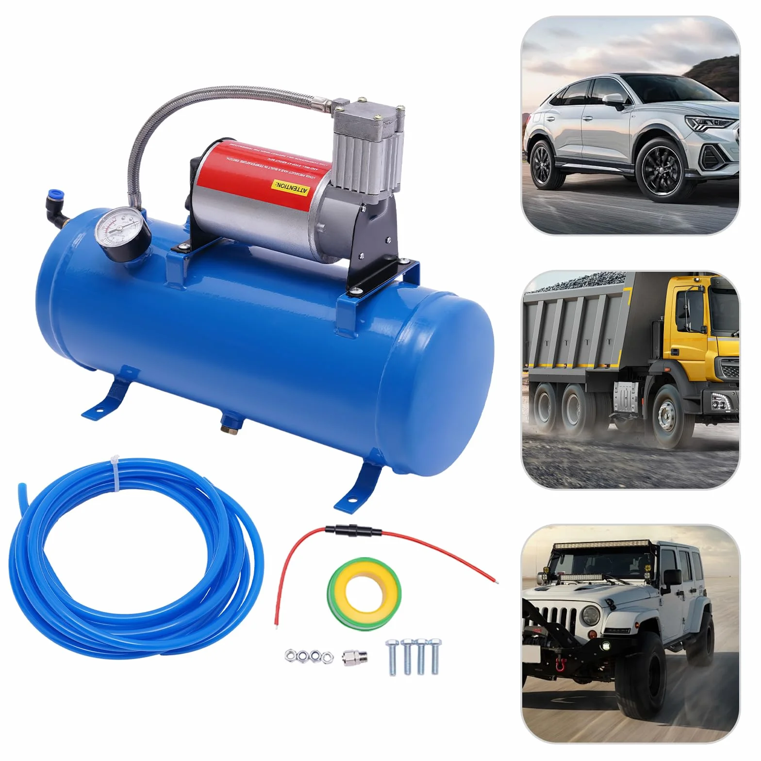 Sprężarka powietrza 12 V ze zbiornikiem 6 l, 100 psi, kompresor sprężonego powietrza, zestaw zbiorników do klaksonu samochodowego, do pompowania opon, ciężarówek, SUV-ów