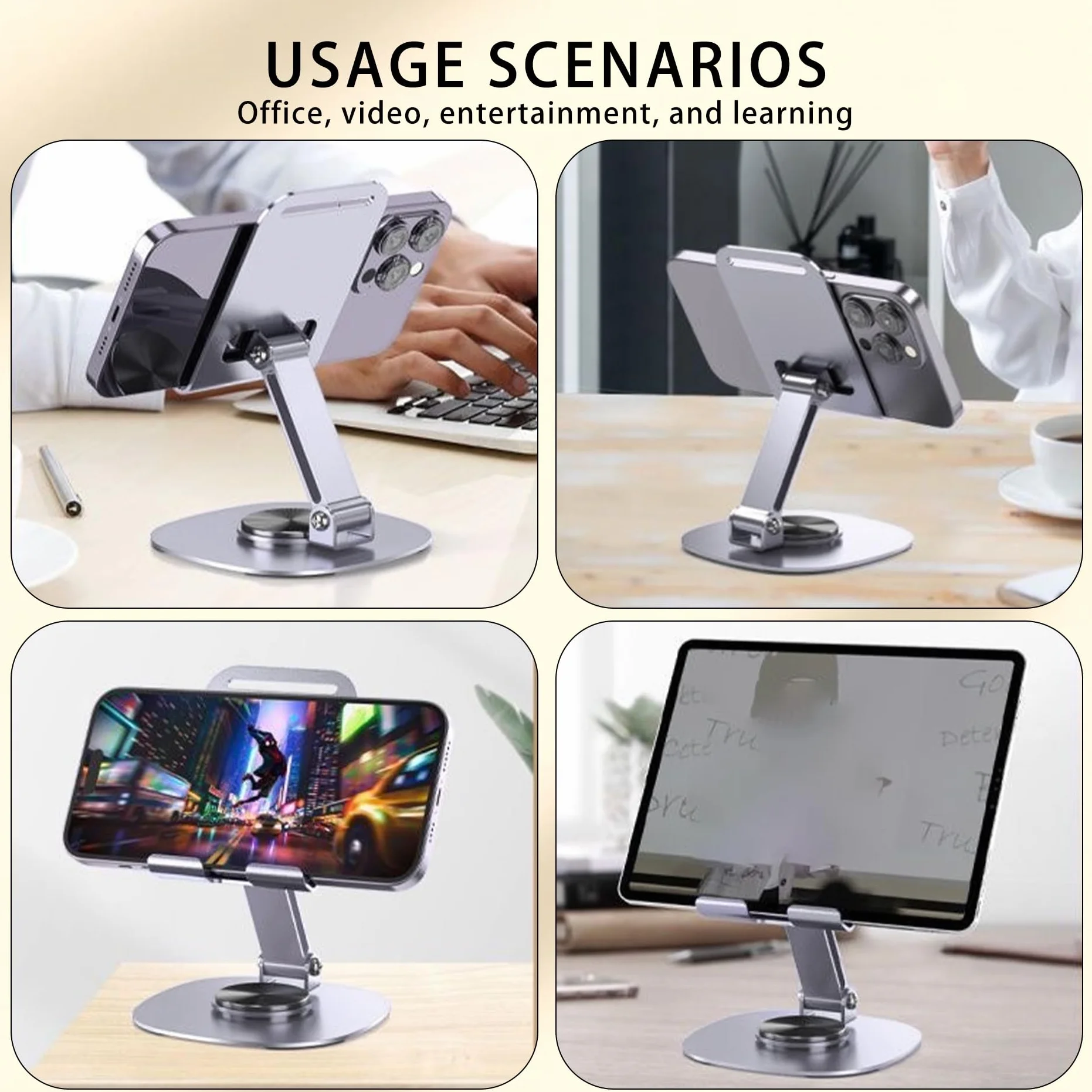 1 SZT Metalowa Stojak na Telefon, Regulowany Holder na Tableta, Składany Stojak Biurkowy, Przenośny Design, Obracająca się 360° Podstawa z Powłoką Antypoślizgową, do Biura, Domu i Podróży (Szary)